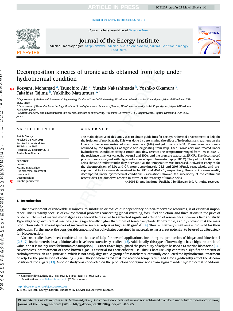 Decomposition kinetics of uronic acids obtained from kelp under hydrothermal condition