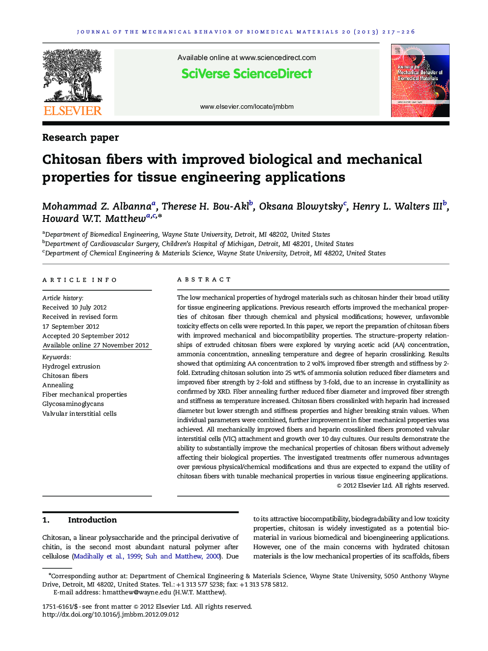 Chitosan fibers with improved biological and mechanical properties for tissue engineering applications