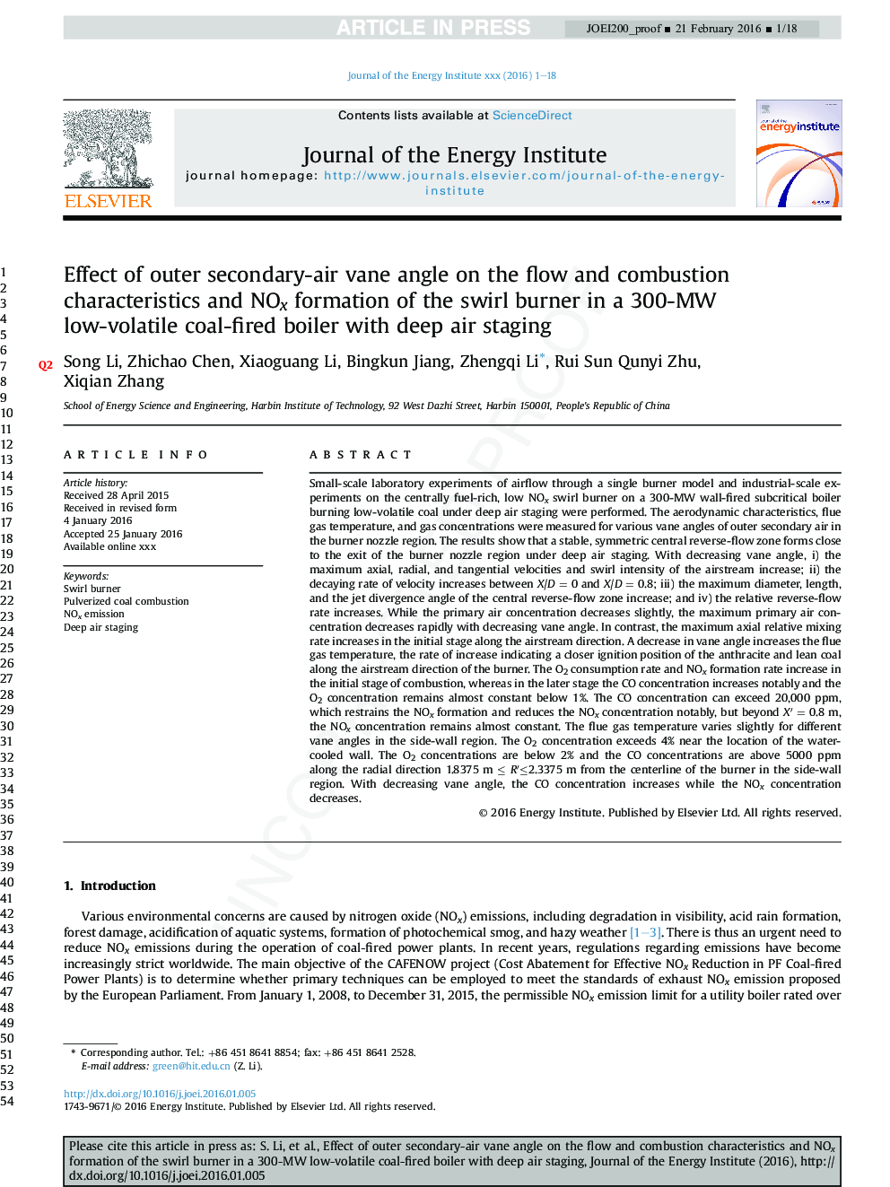 Effect of outer secondary-air vane angle on the flow and combustion characteristics and NOx formation of the swirl burner in a 300-MW low-volatile coal-fired boiler with deep air staging
