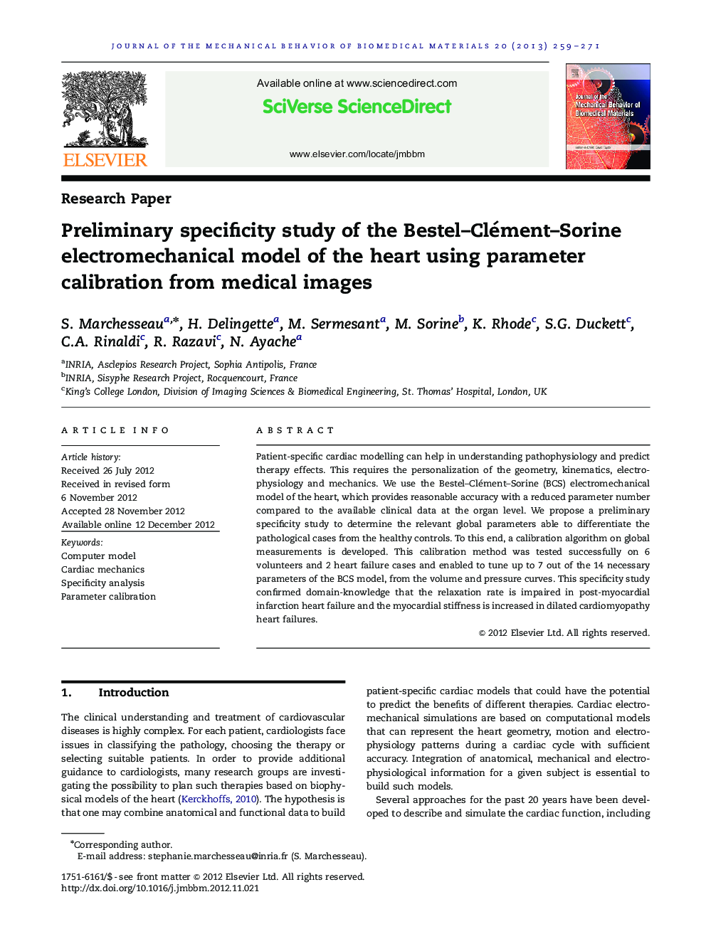 Preliminary specificity study of the Bestel–Clément–Sorine electromechanical model of the heart using parameter calibration from medical images