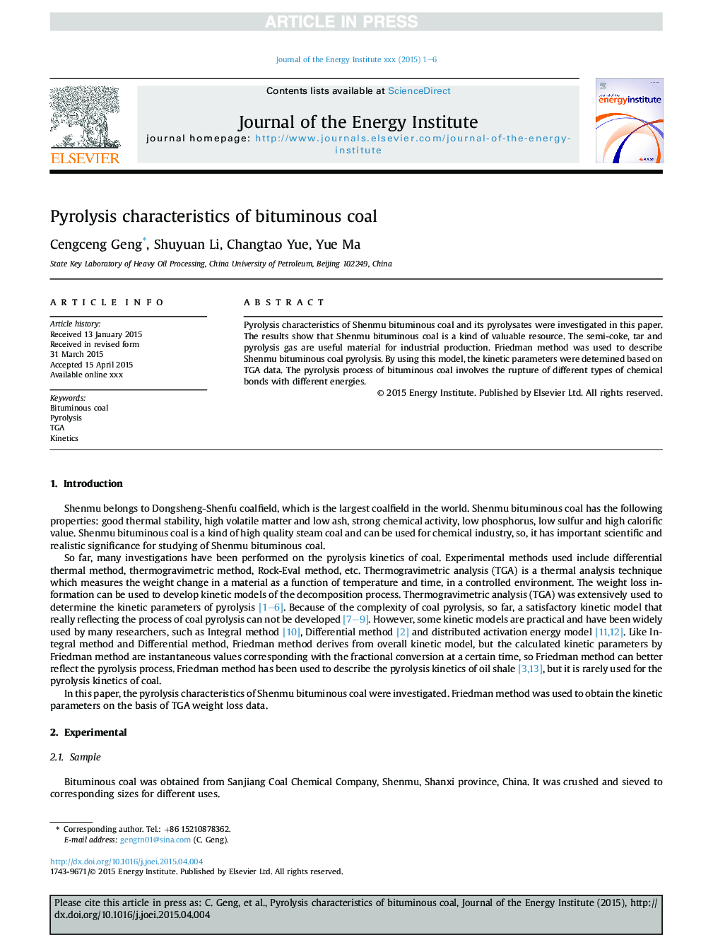 Pyrolysis characteristics of bituminous coal