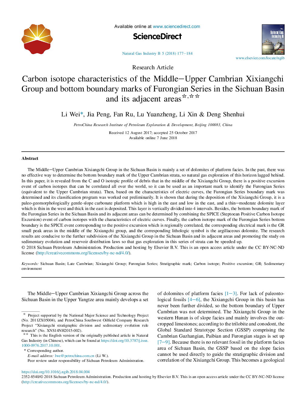 Carbon isotope characteristics of the Middle-Upper Cambrian Xixiangchi Group and bottom boundary marks of Furongian Series in the Sichuan Basin and its adjacent areas