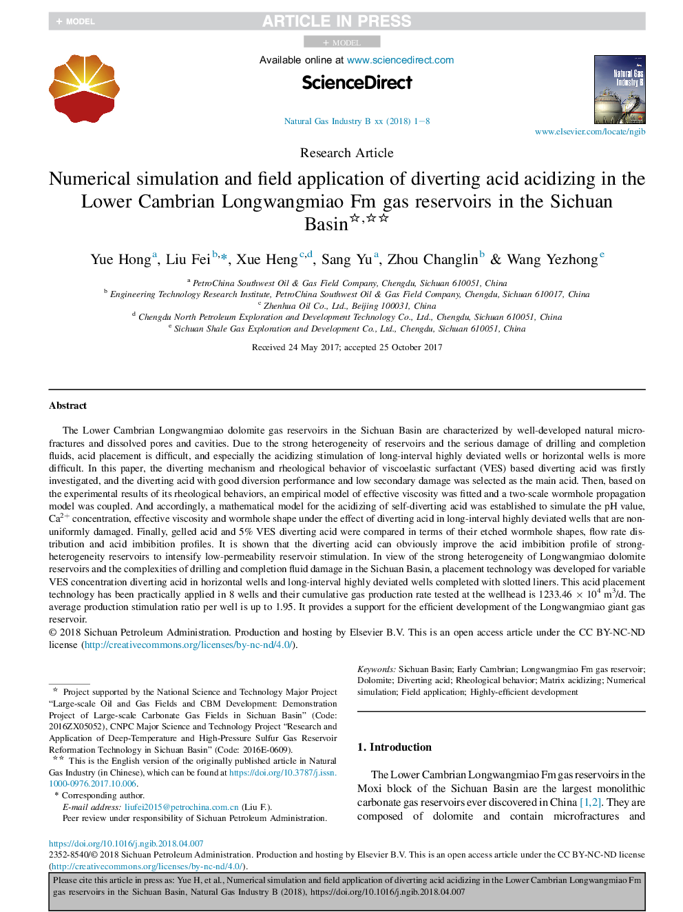 Numerical simulation and field application of diverting acid acidizing in the Lower Cambrian Longwangmiao Fm gas reservoirs in the Sichuan Basin