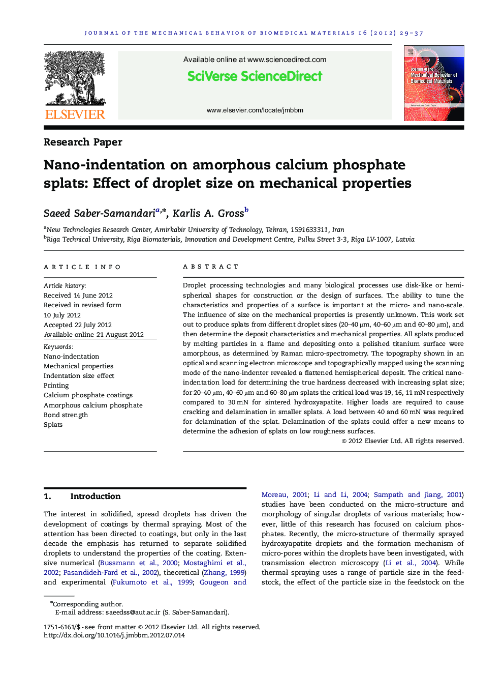 Nano-indentation on amorphous calcium phosphate splats: Effect of droplet size on mechanical properties