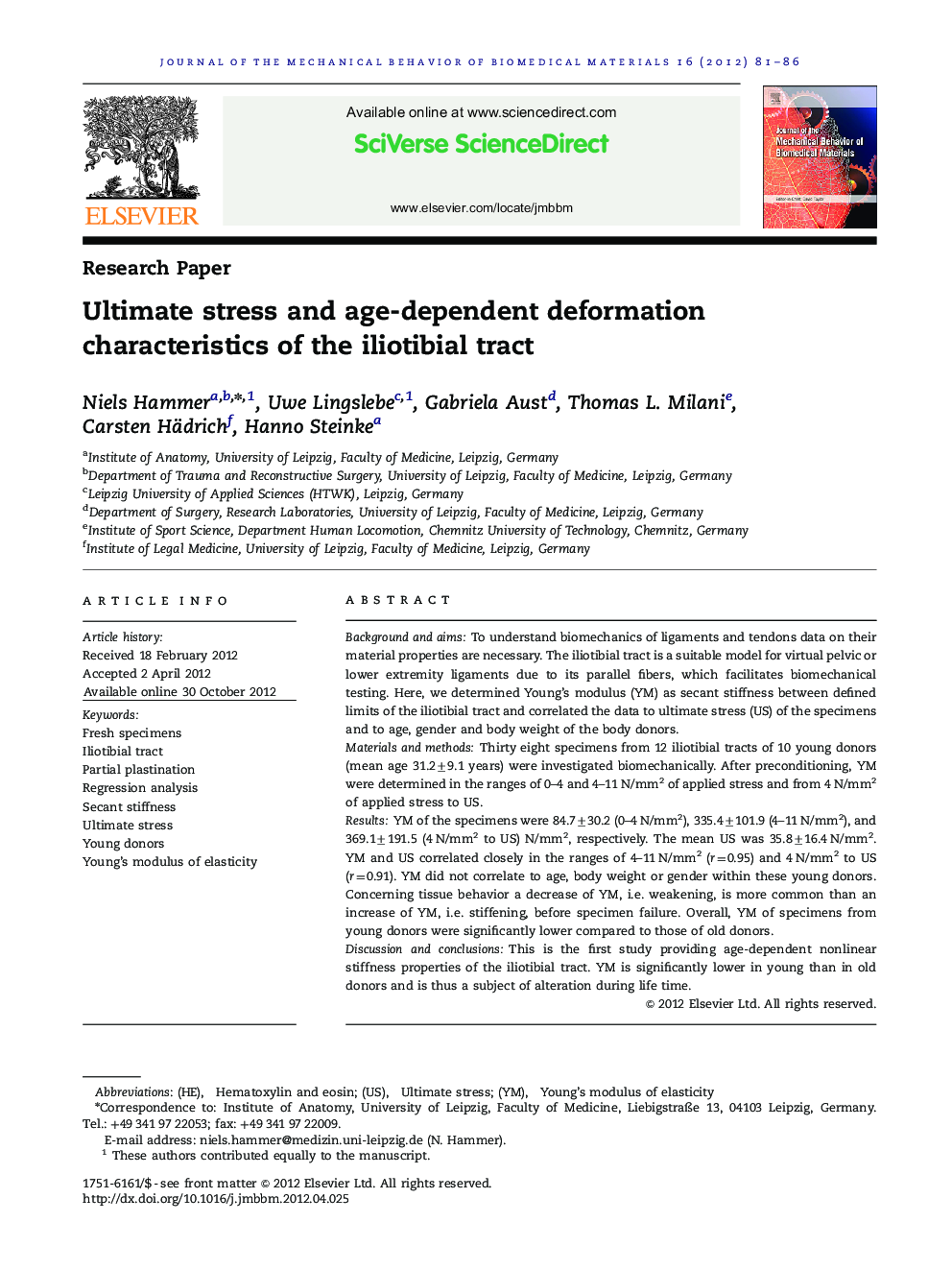 Ultimate stress and age-dependent deformation characteristics of the iliotibial tract