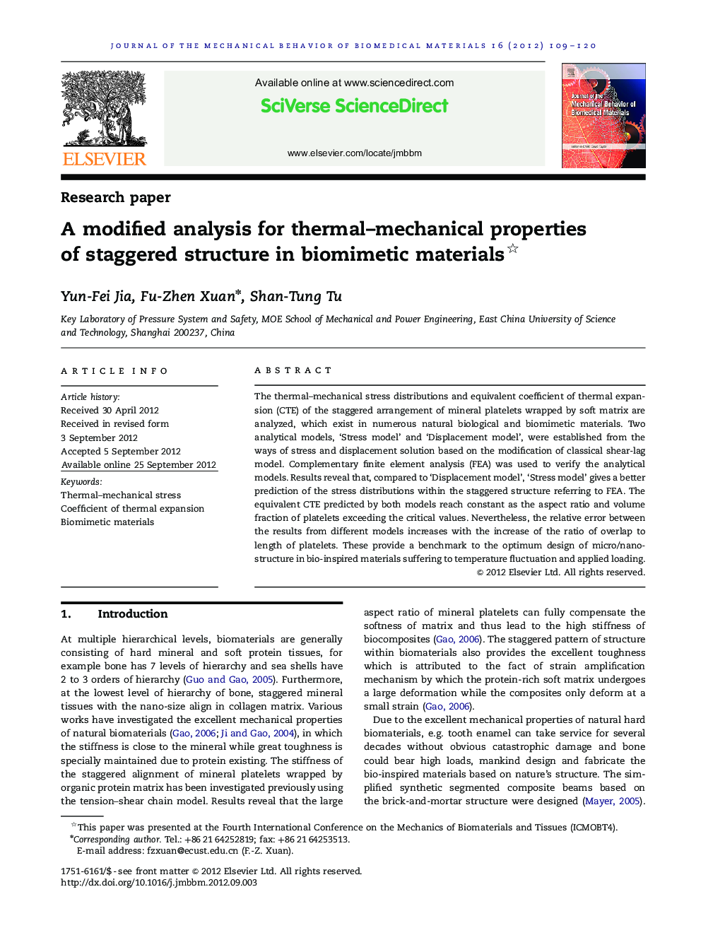 A modified analysis for thermal–mechanical properties of staggered structure in biomimetic materials 