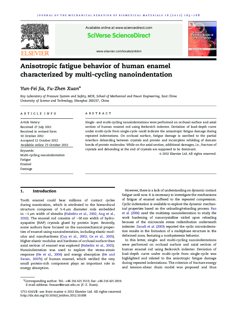 Anisotropic fatigue behavior of human enamel characterized by multi-cycling nanoindentation