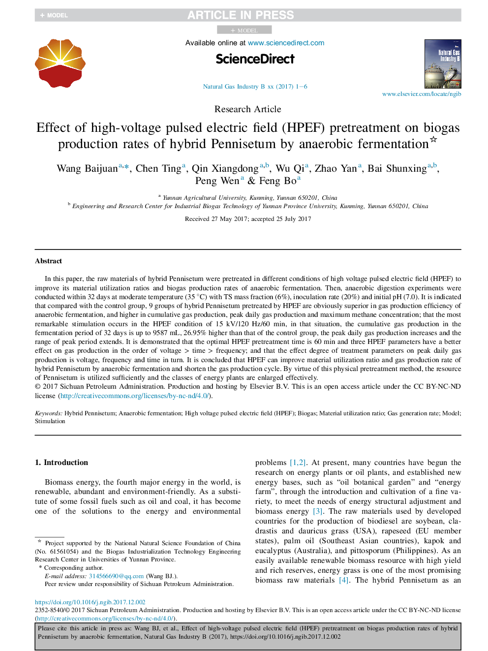 Effect of high-voltage pulsed electric field (HPEF) pretreatment on biogas production rates of hybrid Pennisetum by anaerobic fermentation