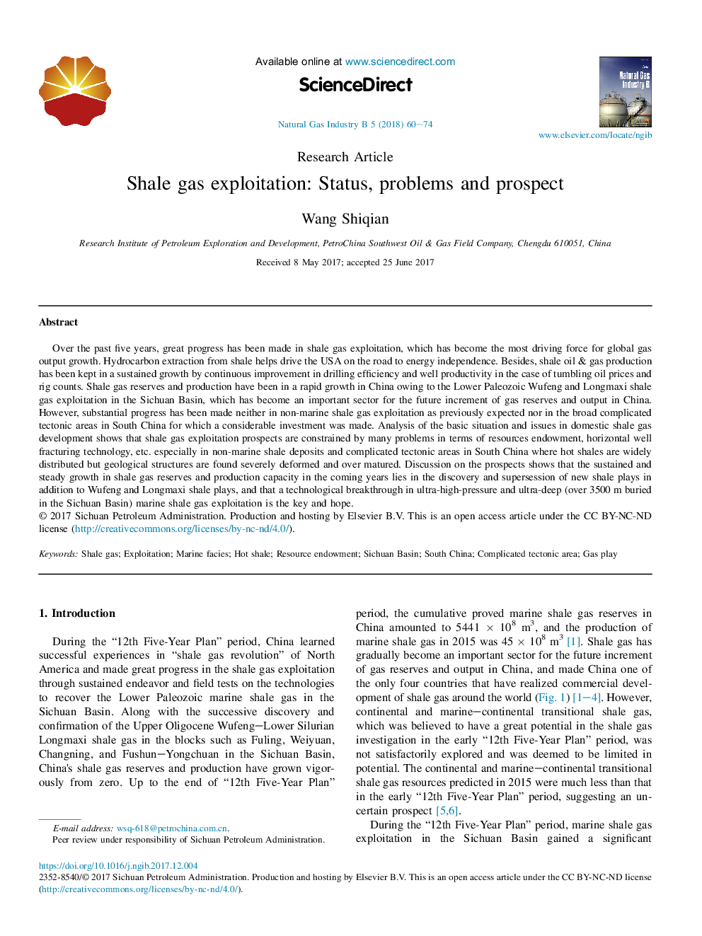 Shale gas exploitation: Status, problems and prospect