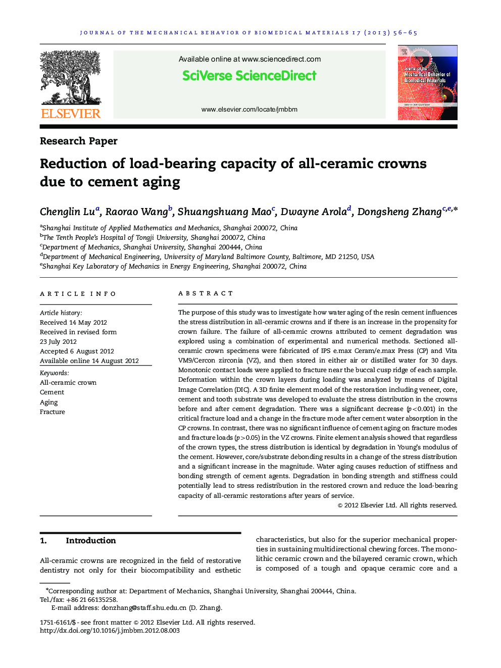 Reduction of load-bearing capacity of all-ceramic crowns due to cement aging