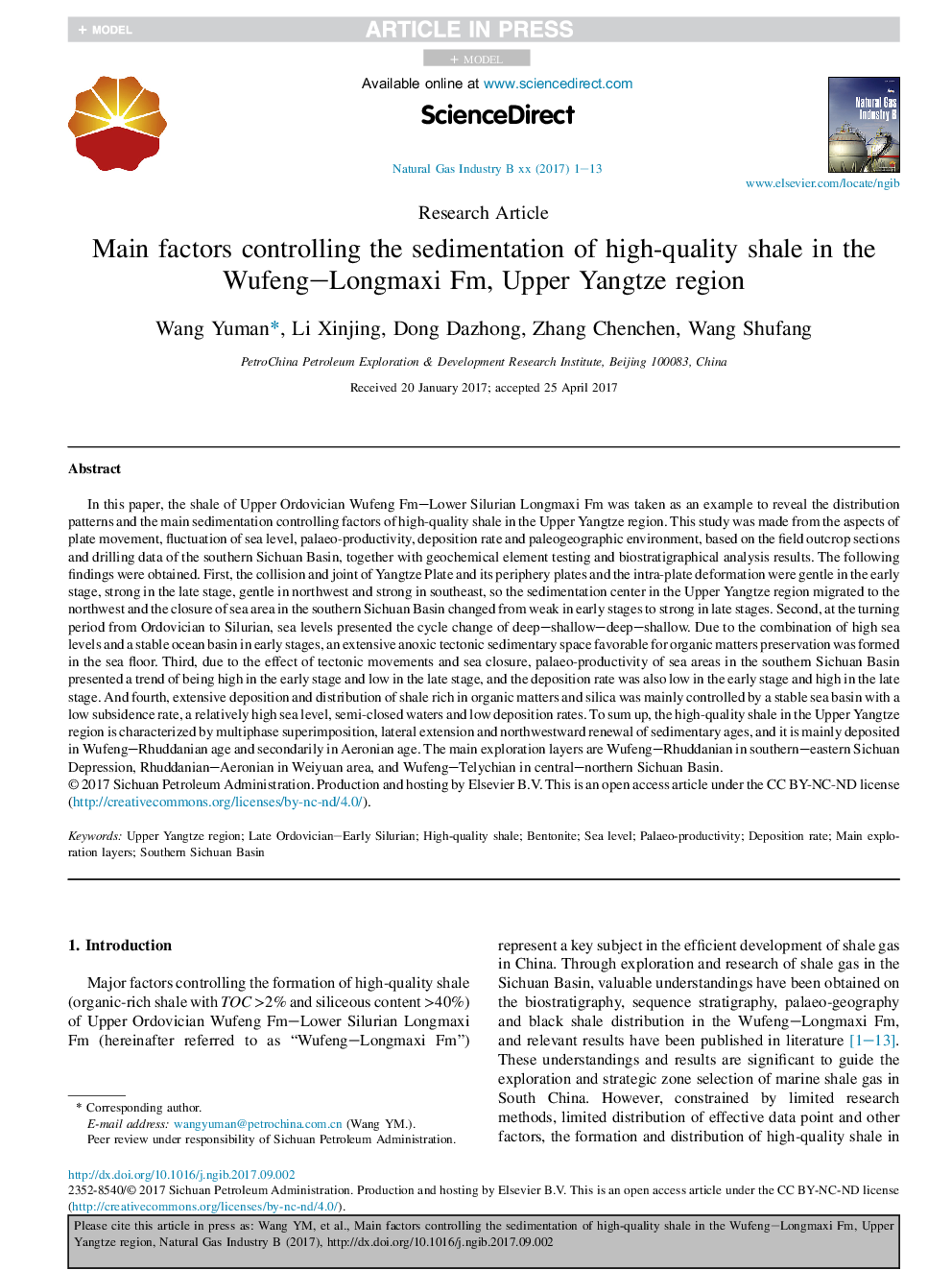 Main factors controlling the sedimentation of high-quality shale in the Wufeng-Longmaxi Fm, Upper Yangtze region