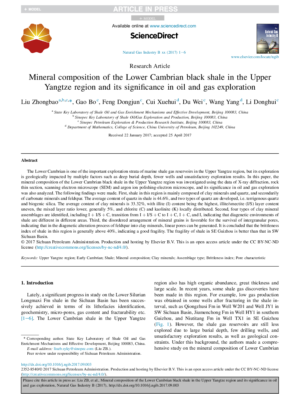 Mineral composition of the Lower Cambrian black shale in the Upper Yangtze region and its significance in oil and gas exploration