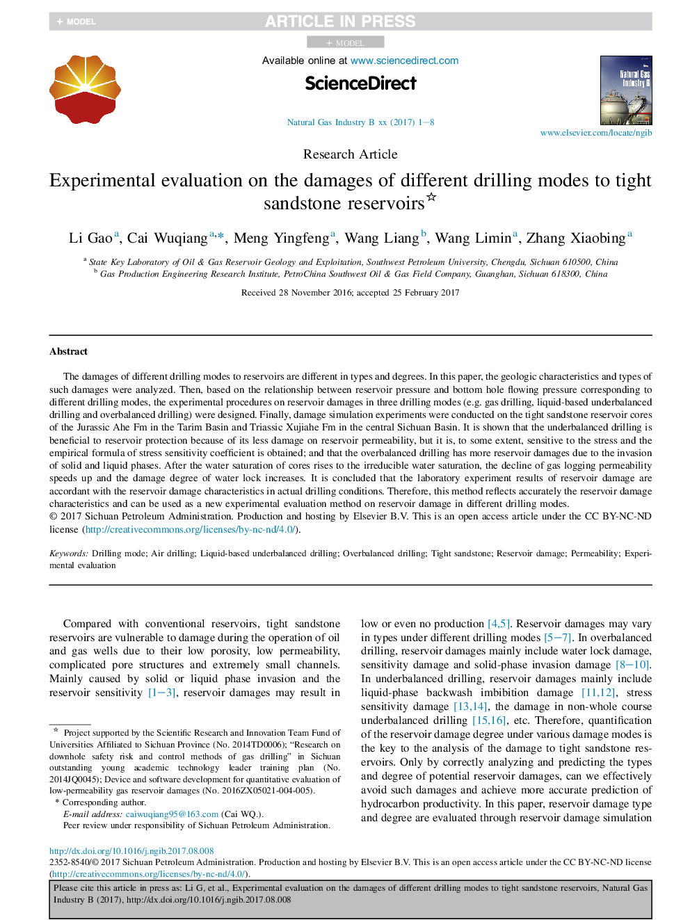 Experimental evaluation on the damages of different drilling modes to tight sandstone reservoirs