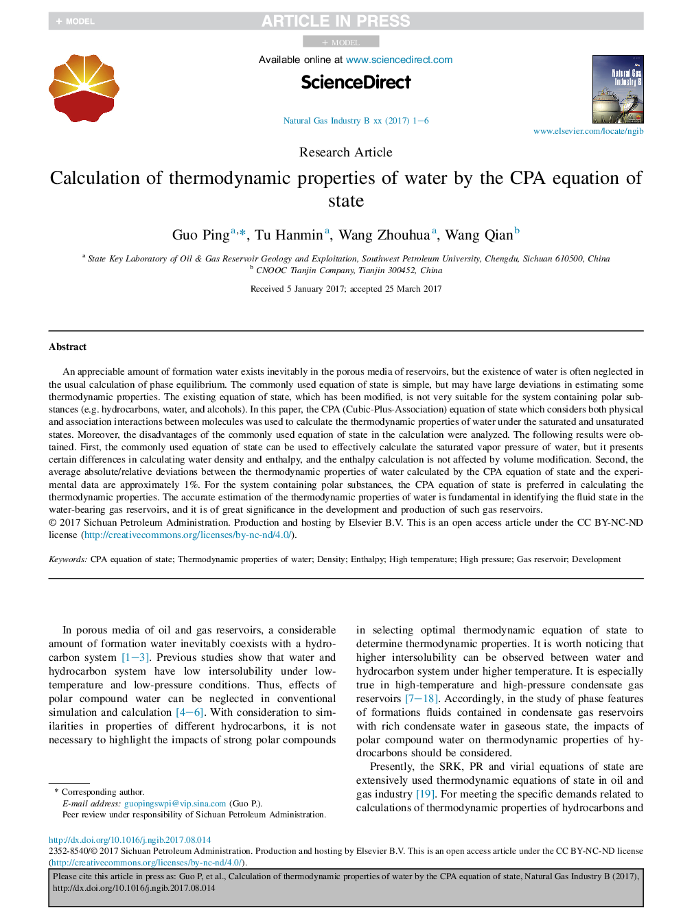 Calculation of thermodynamic properties of water by the CPA equation of state