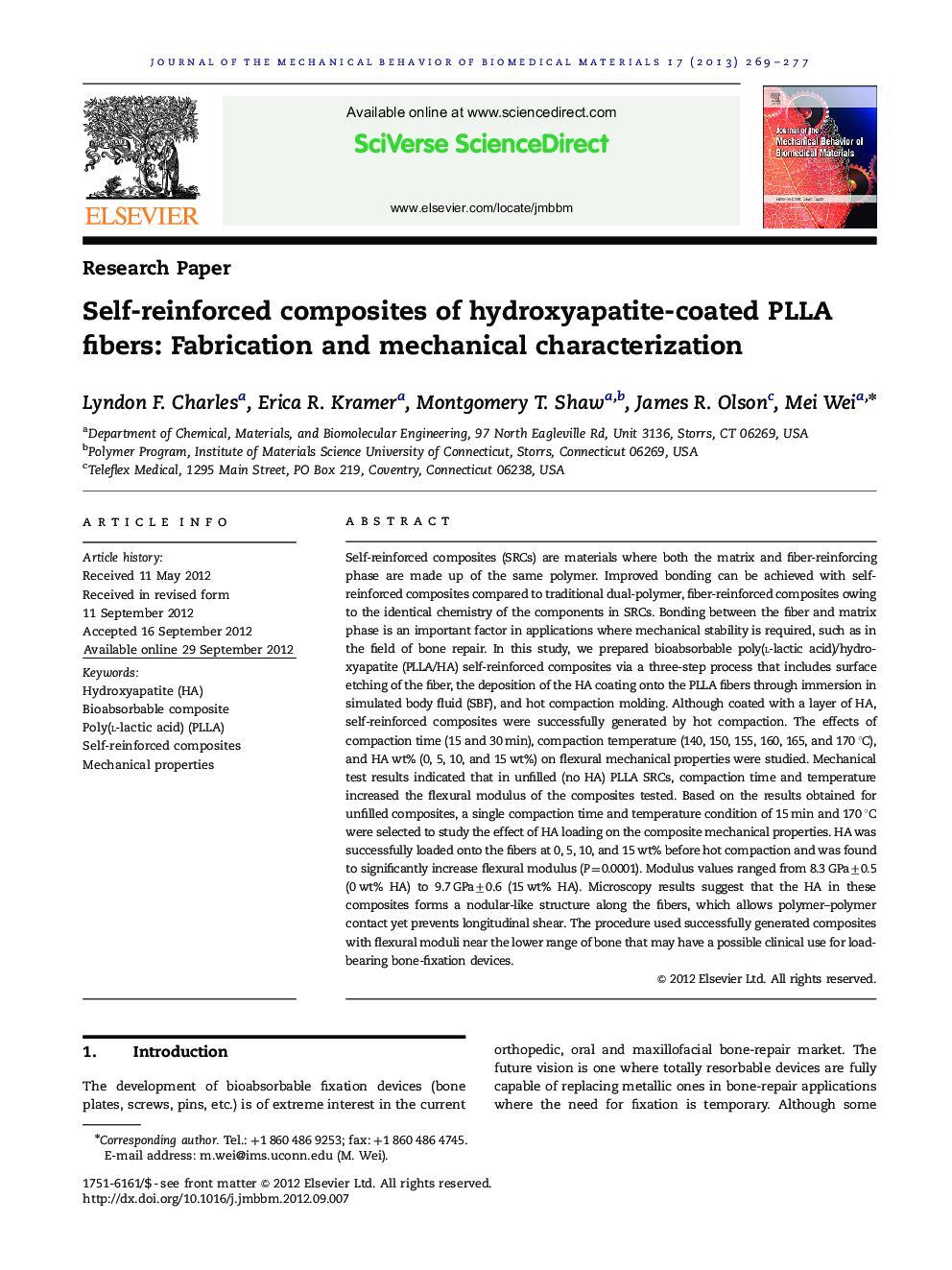 Self-reinforced composites of hydroxyapatite-coated PLLA fibers: Fabrication and mechanical characterization