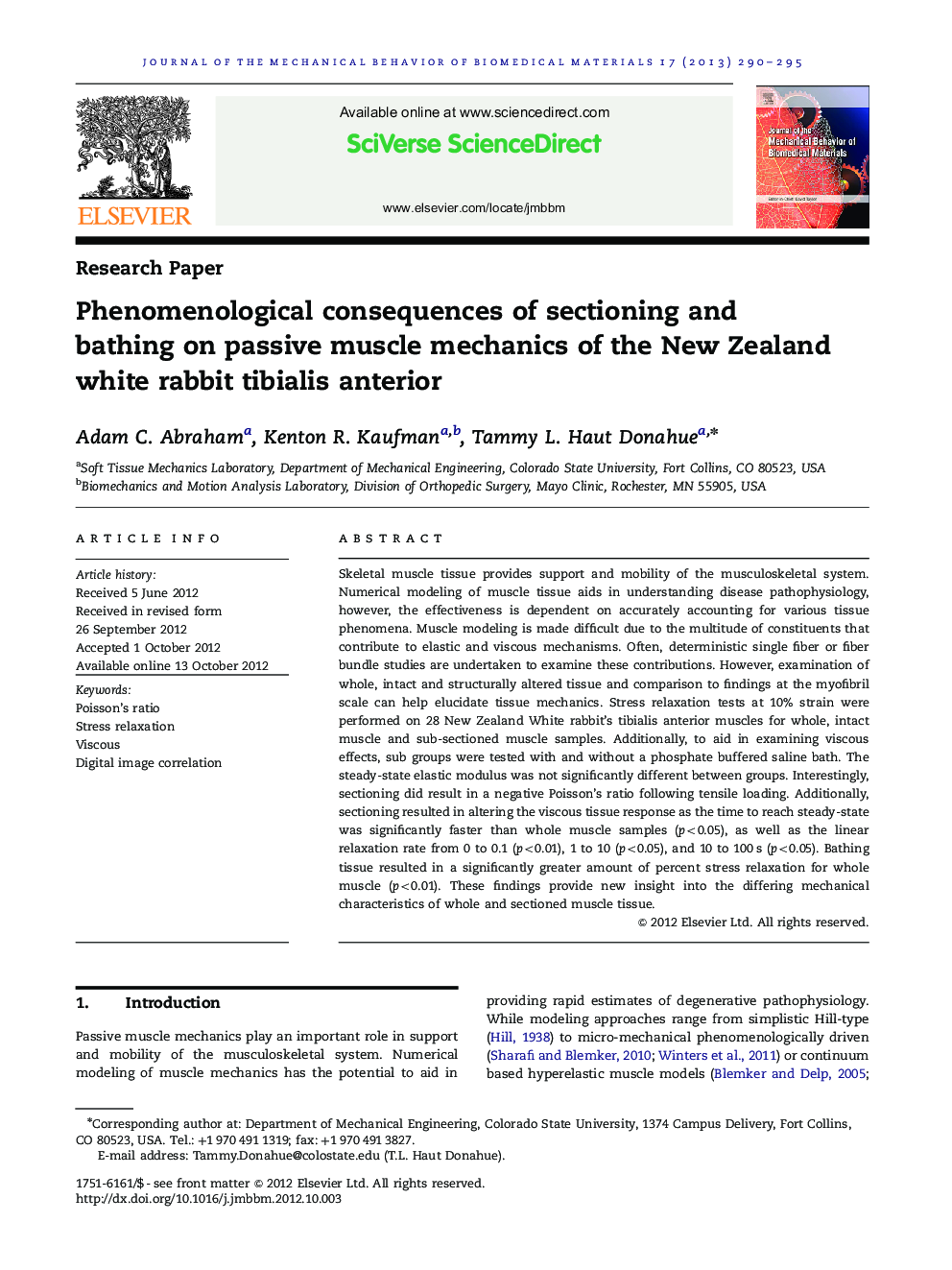 Phenomenological consequences of sectioning and bathing on passive muscle mechanics of the New Zealand white rabbit tibialis anterior