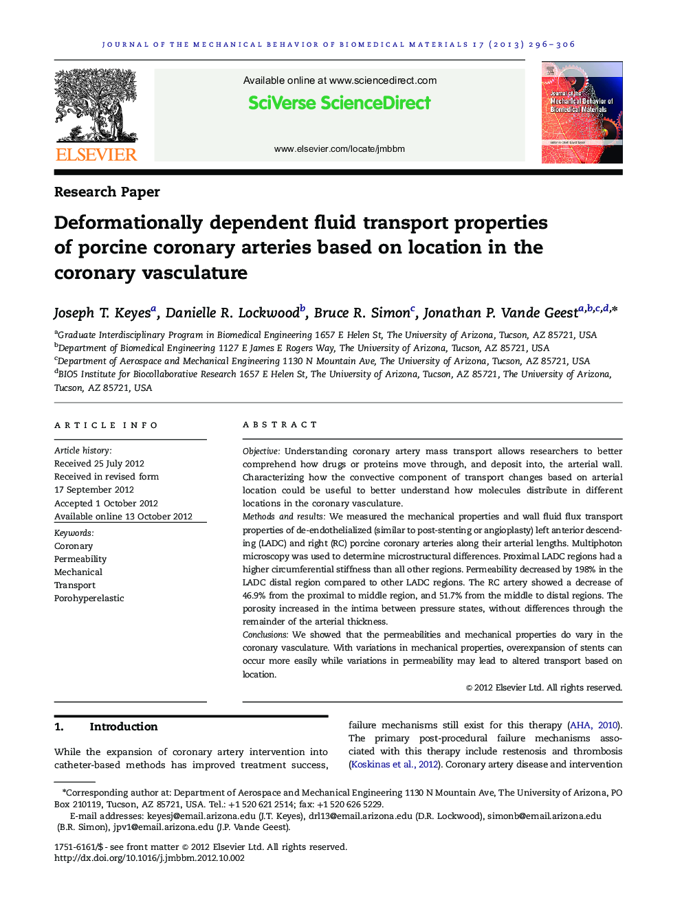 Deformationally dependent fluid transport properties of porcine coronary arteries based on location in the coronary vasculature