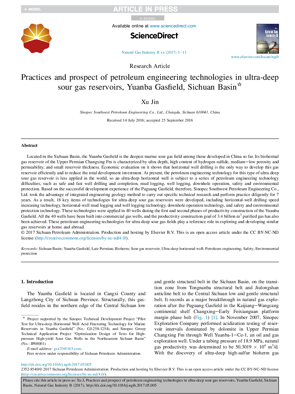 Practices and prospect of petroleum engineering technologies in ultra-deep sour gas reservoirs, Yuanba Gasfield, Sichuan Basin