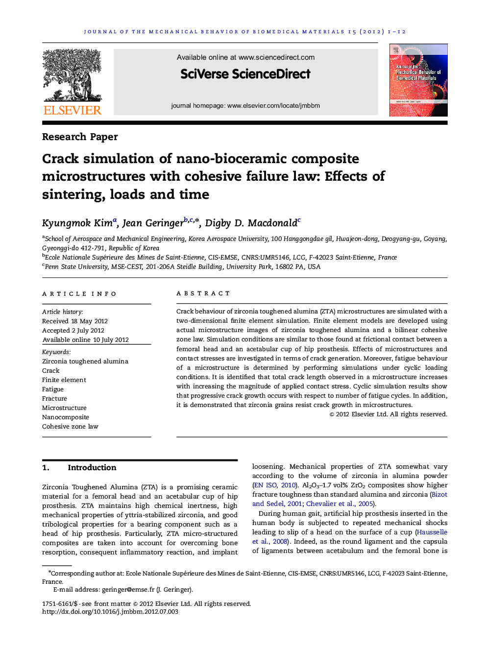 Crack simulation of nano-bioceramic composite microstructures with cohesive failure law: Effects of sintering, loads and time