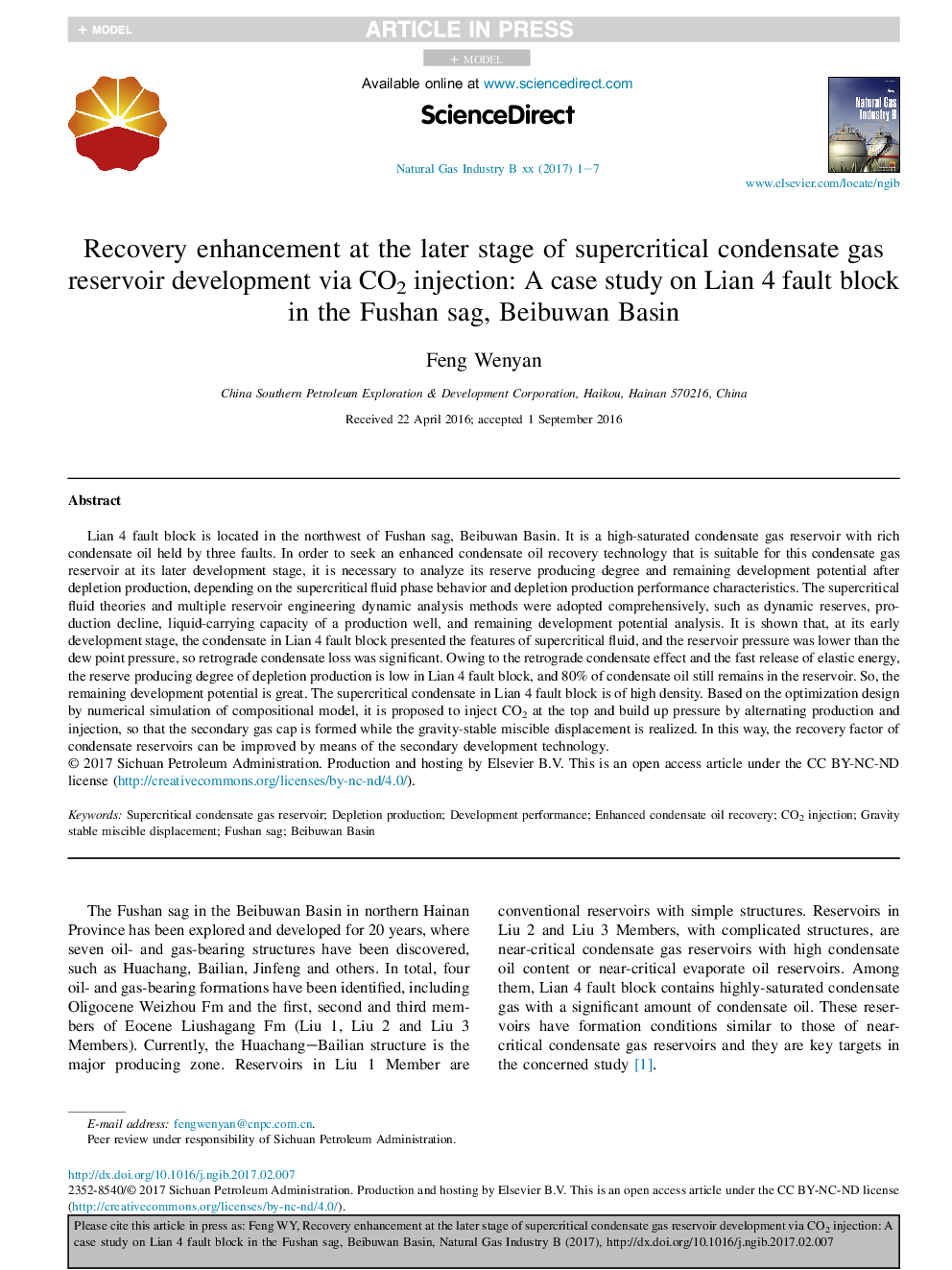 Recovery enhancement at the later stage of supercritical condensate gas reservoir development via CO2 injection: A case study on Lian 4 fault block in the Fushan sag, Beibuwan Basin