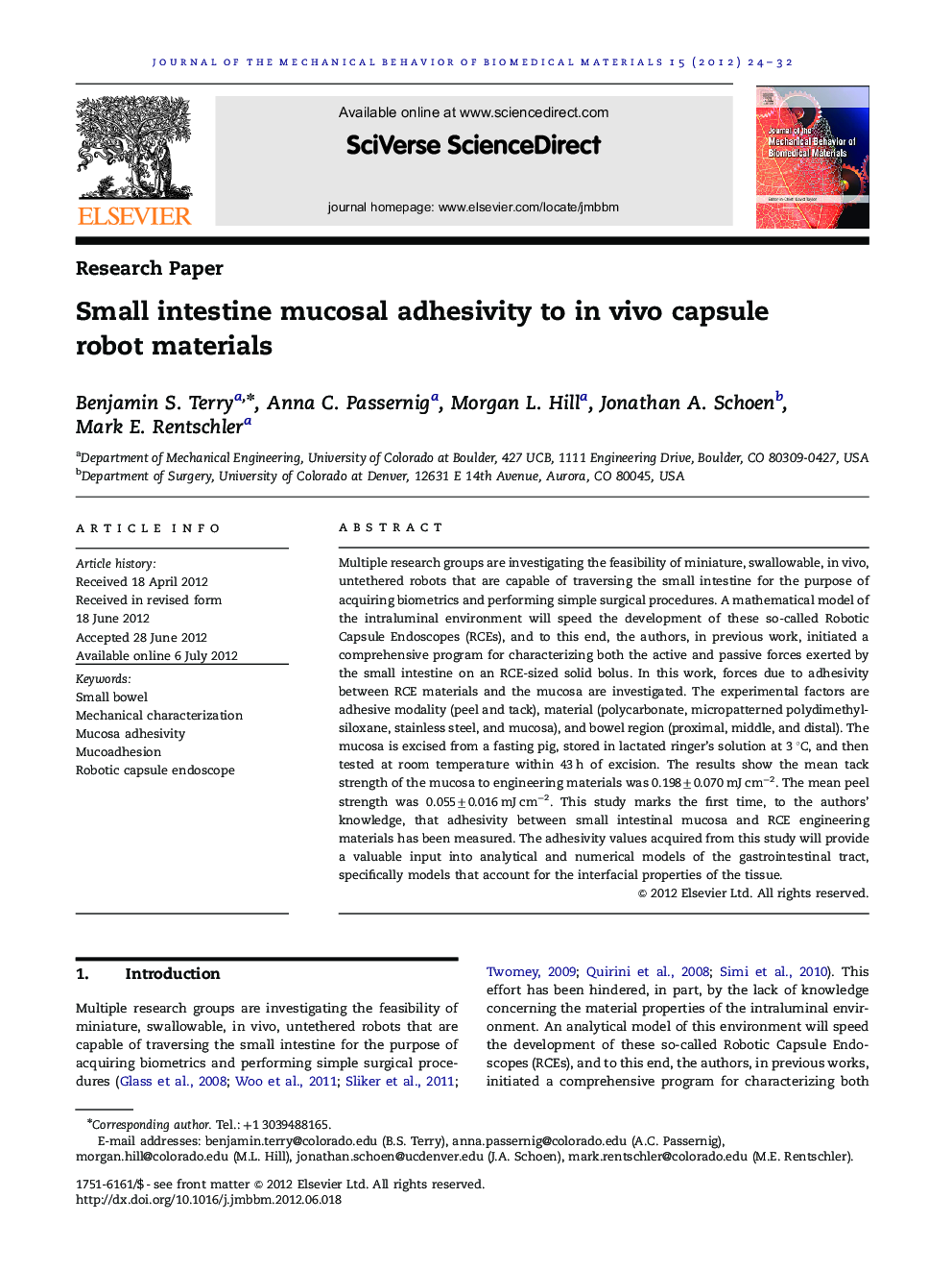 Small intestine mucosal adhesivity to in vivo capsule robot materials