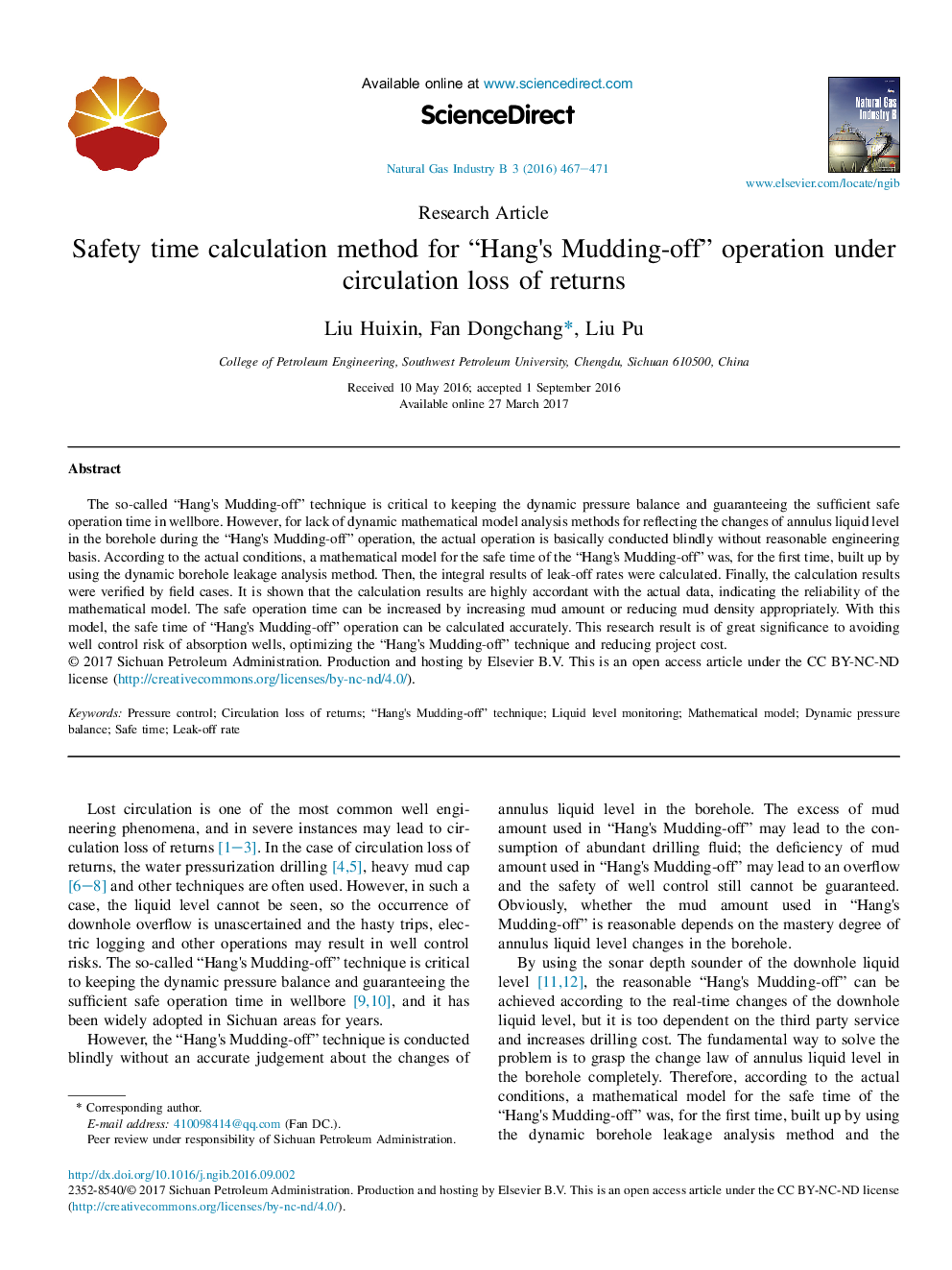 Safety time calculation method for “Hang's Mudding-off” operation under circulation loss of returns