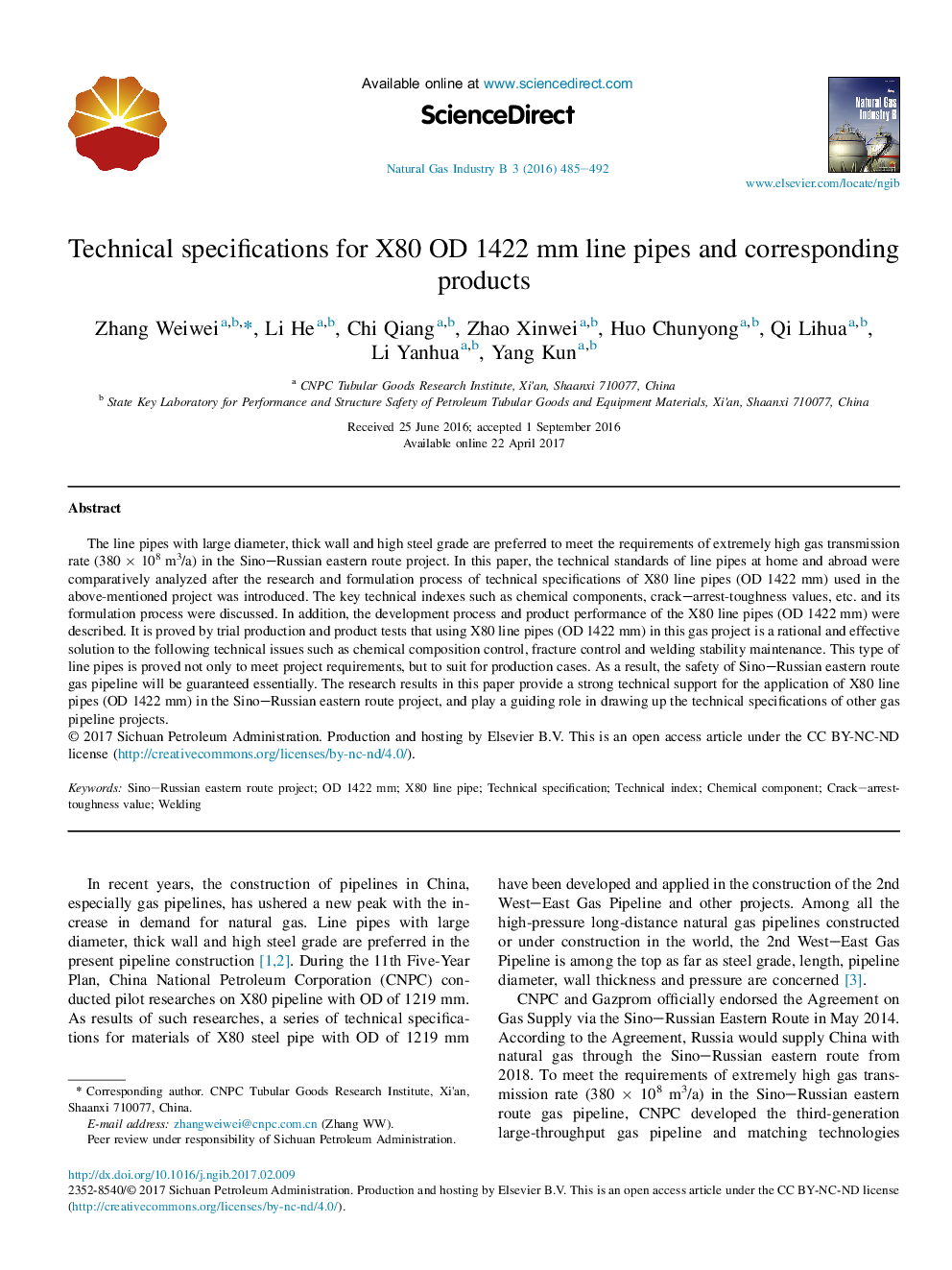 Technical specifications for X80 OD 1422Â mm line pipes and corresponding products