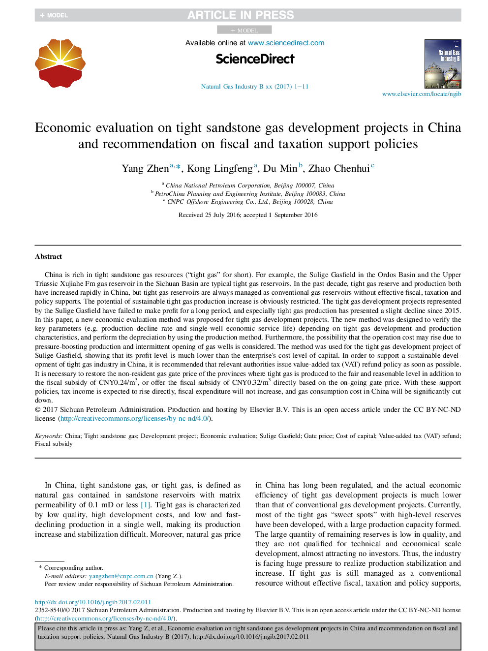 Economic evaluation on tight sandstone gas development projects in China and recommendation on fiscal and taxation support policies