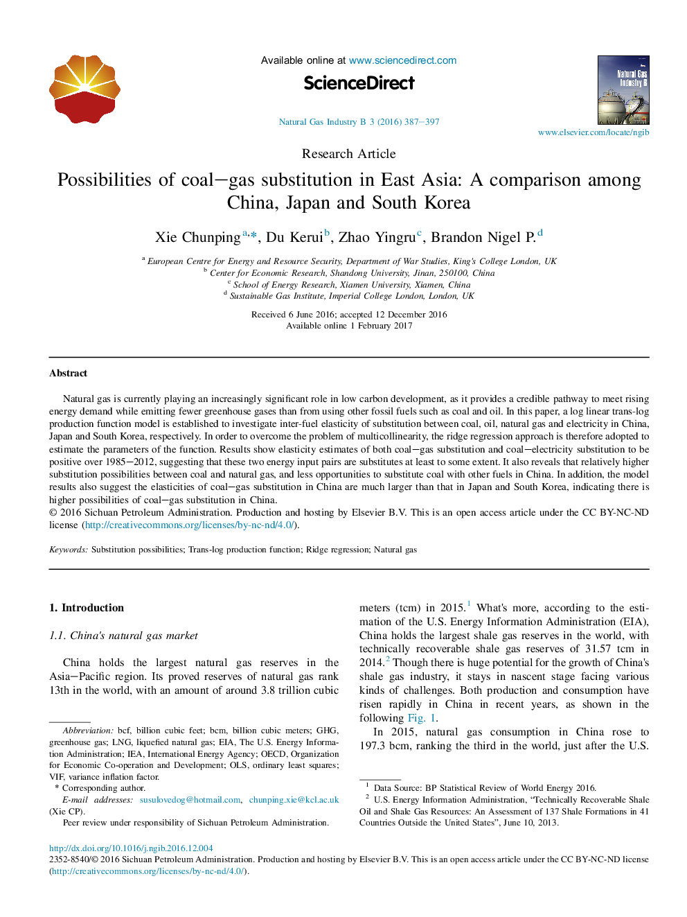 Possibilities of coal-gas substitution in East Asia: A comparison among China, Japan and South Korea