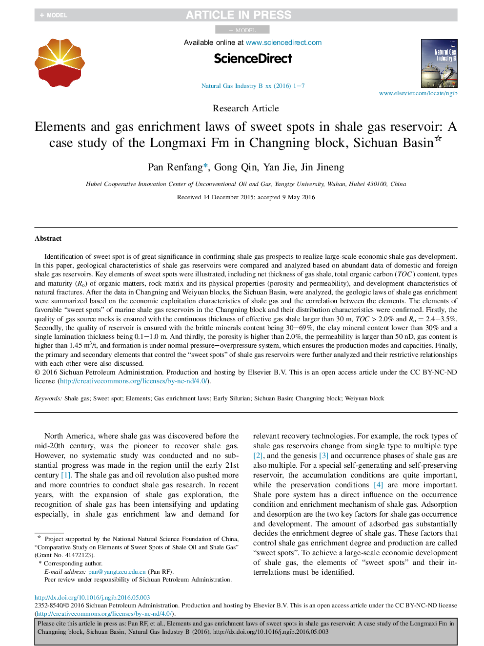 Elements and gas enrichment laws of sweet spots in shale gas reservoir: A case study of the Longmaxi Fm in Changning block, Sichuan Basin