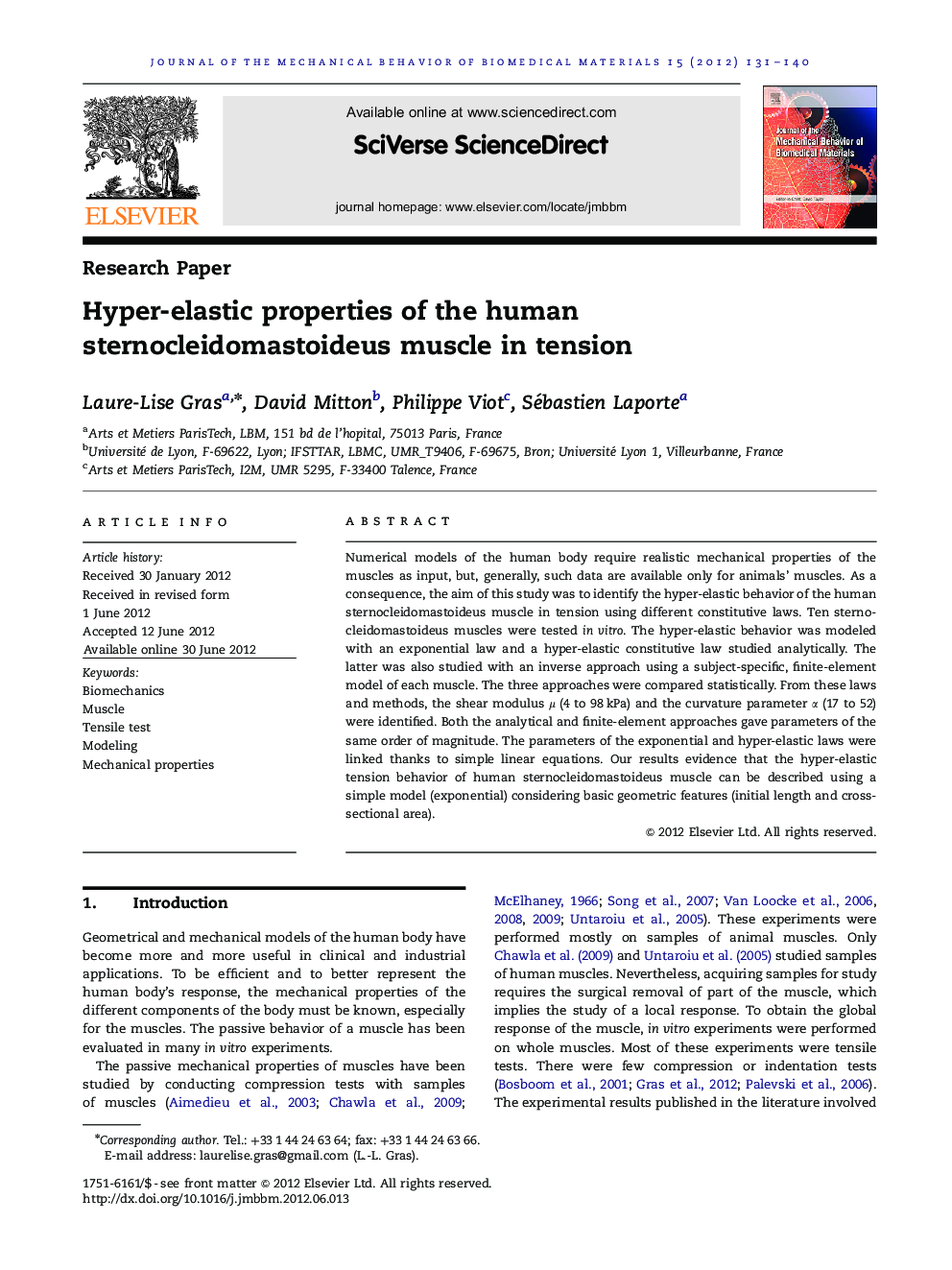 Hyper-elastic properties of the human sternocleidomastoideus muscle in tension