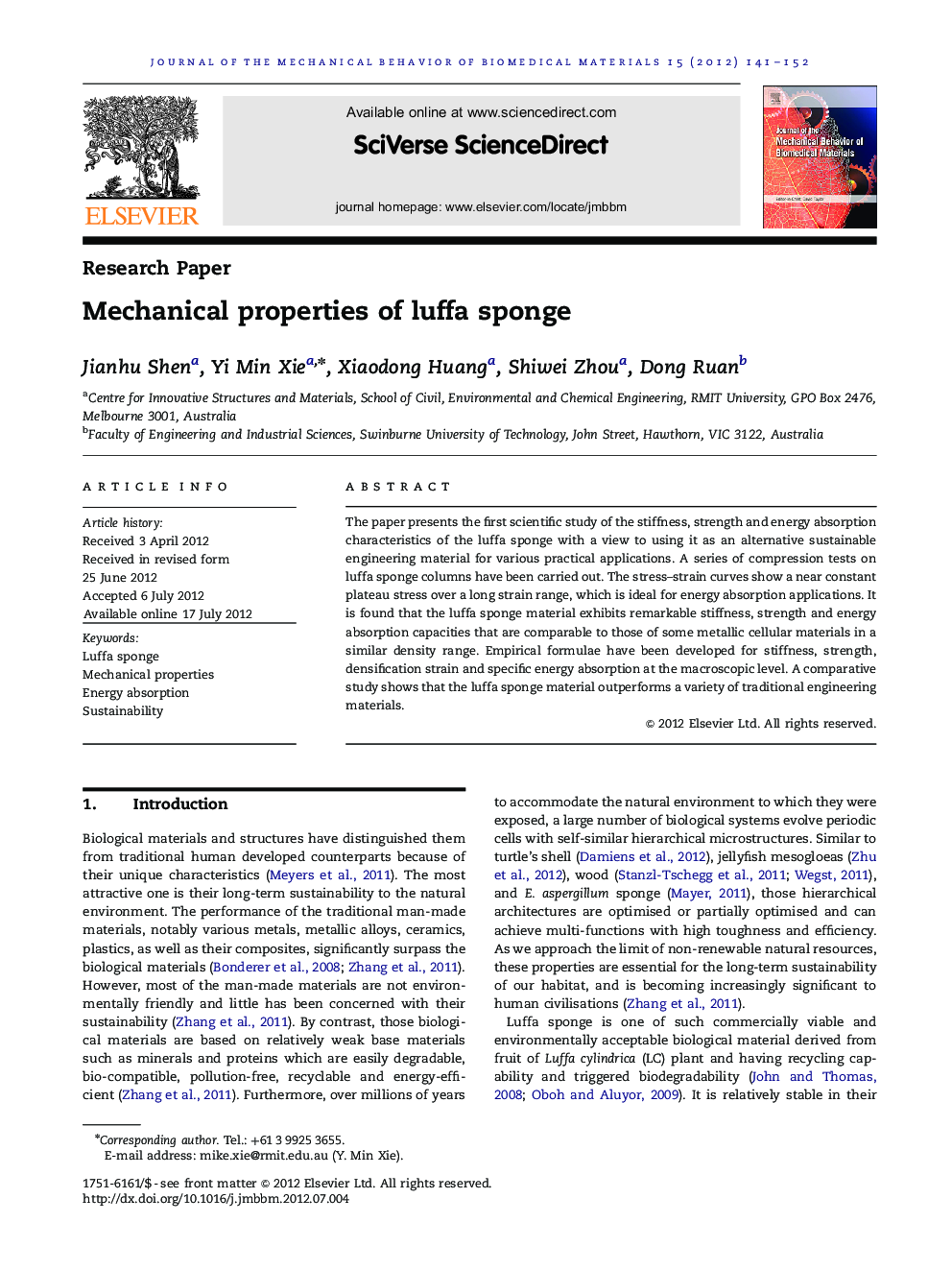 Mechanical properties of luffa sponge