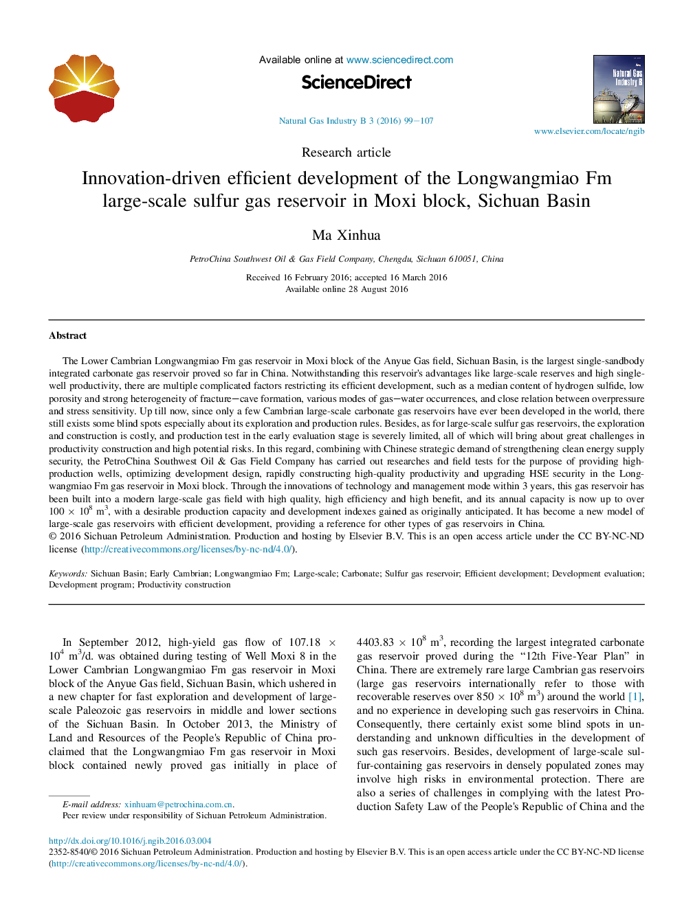 Innovation-driven efficient development of the Longwangmiao Fm large-scale sulfur gas reservoir in Moxi block, Sichuan Basin