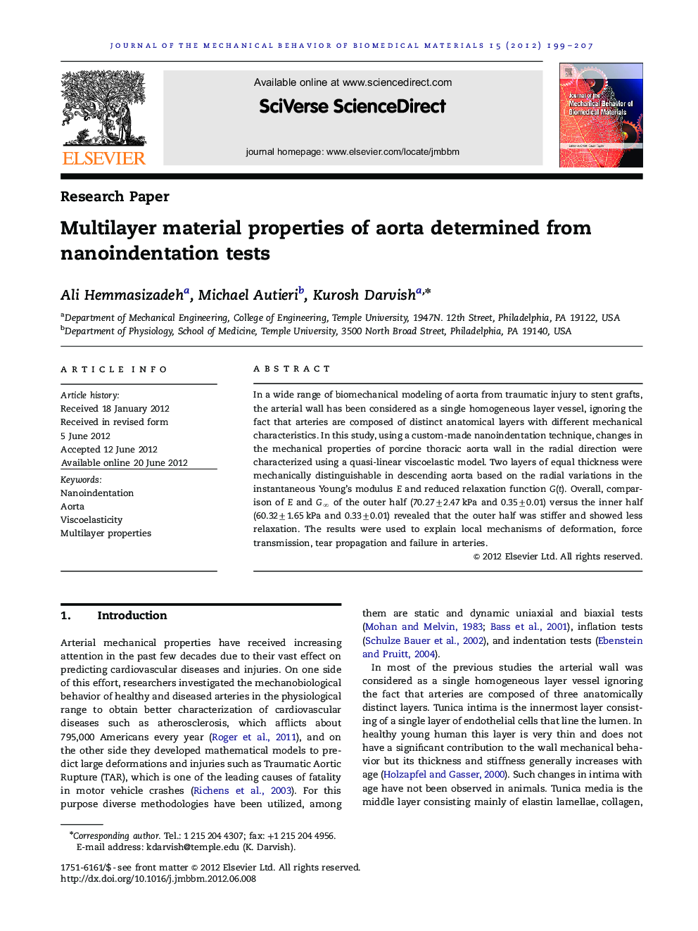 Multilayer material properties of aorta determined from nanoindentation tests