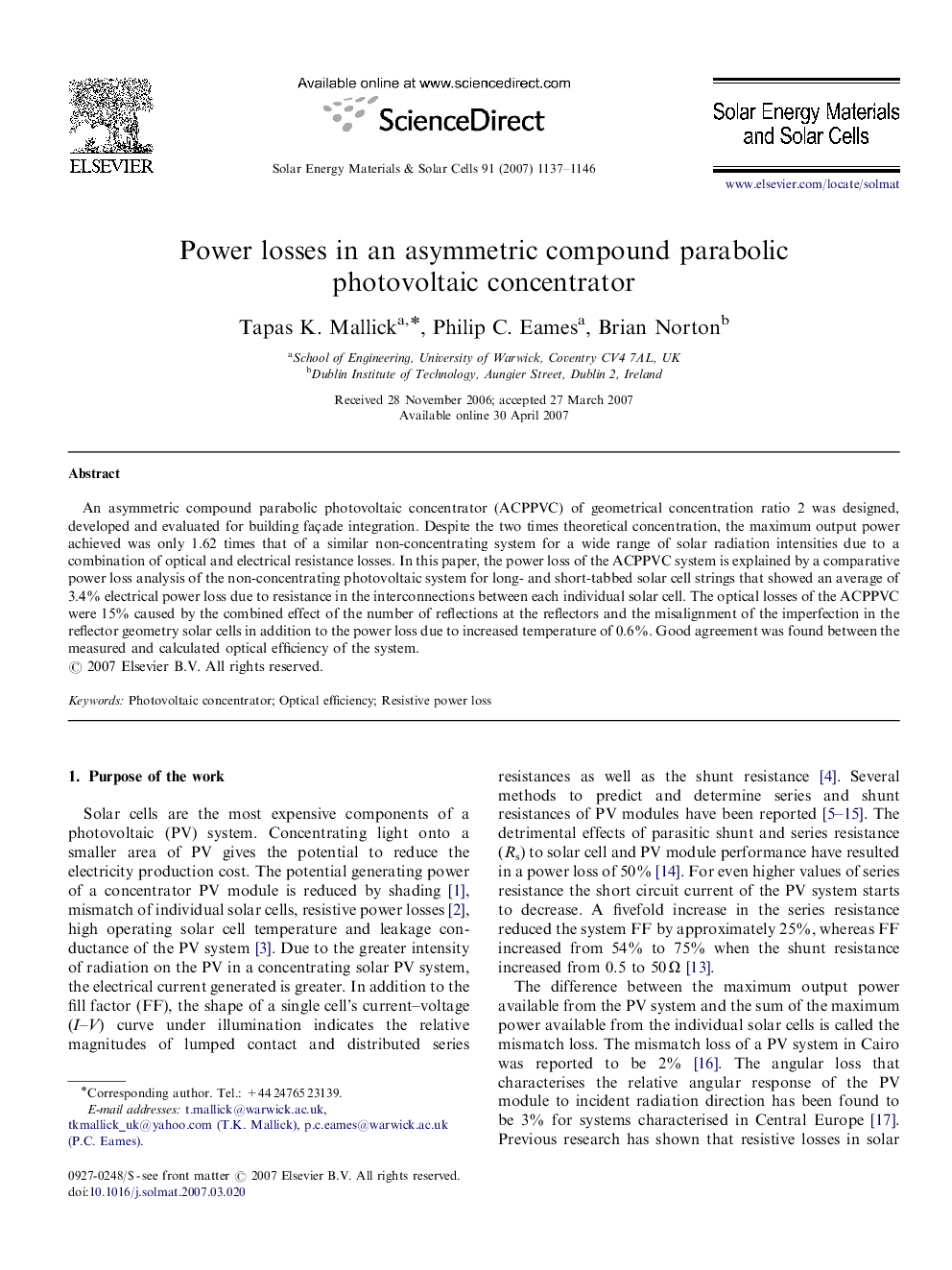 Power losses in an asymmetric compound parabolic photovoltaic concentrator