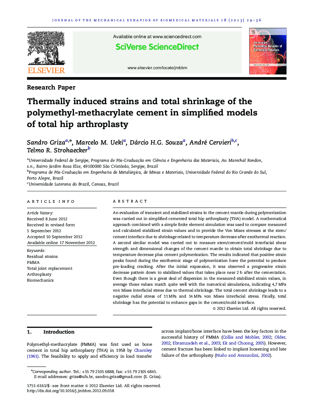 Thermally induced strains and total shrinkage of the polymethyl-methacrylate cement in simplified models of total hip arthroplasty
