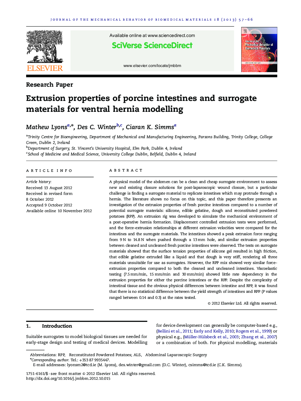Extrusion properties of porcine intestines and surrogate materials for ventral hernia modelling