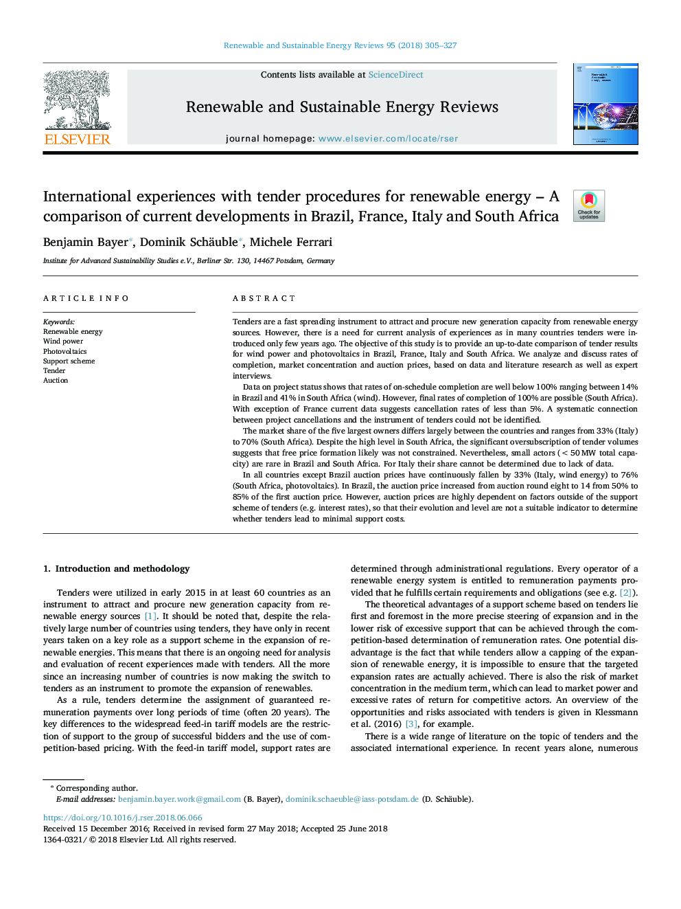 International experiences with tender procedures for renewable energy - A comparison of current developments in Brazil, France, Italy and South Africa