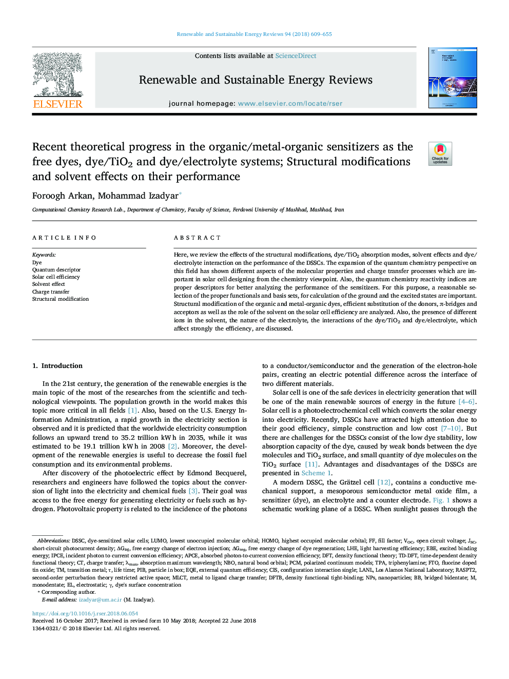 Recent theoretical progress in the organic/metal-organic sensitizers as the free dyes, dye/TiO2 and dye/electrolyte systems; Structural modifications and solvent effects on their performance