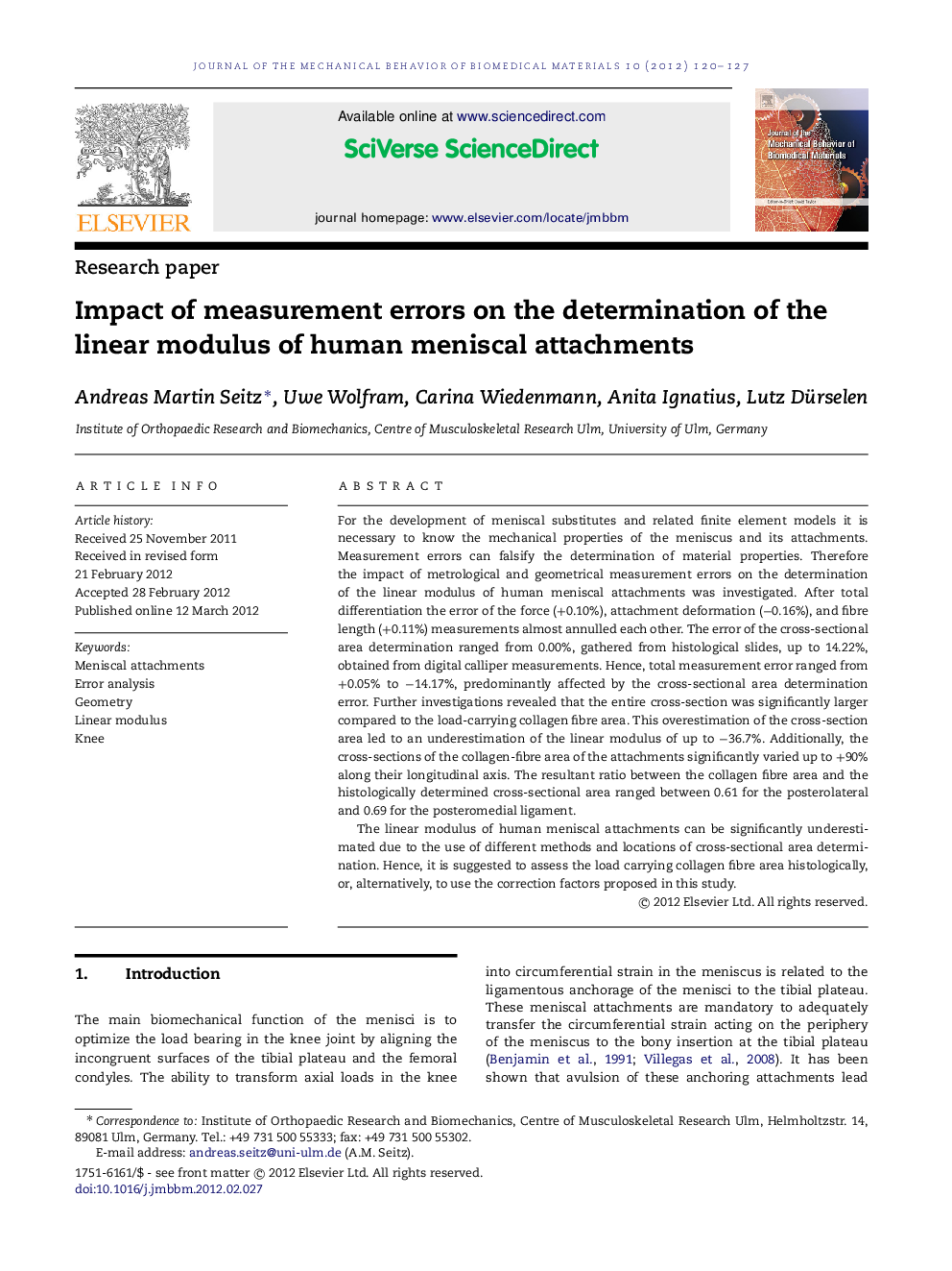 Impact of measurement errors on the determination of the linear modulus of human meniscal attachments