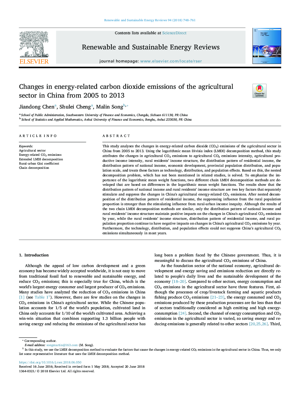 Changes in energy-related carbon dioxide emissions of the agricultural sector in China from 2005 to 2013