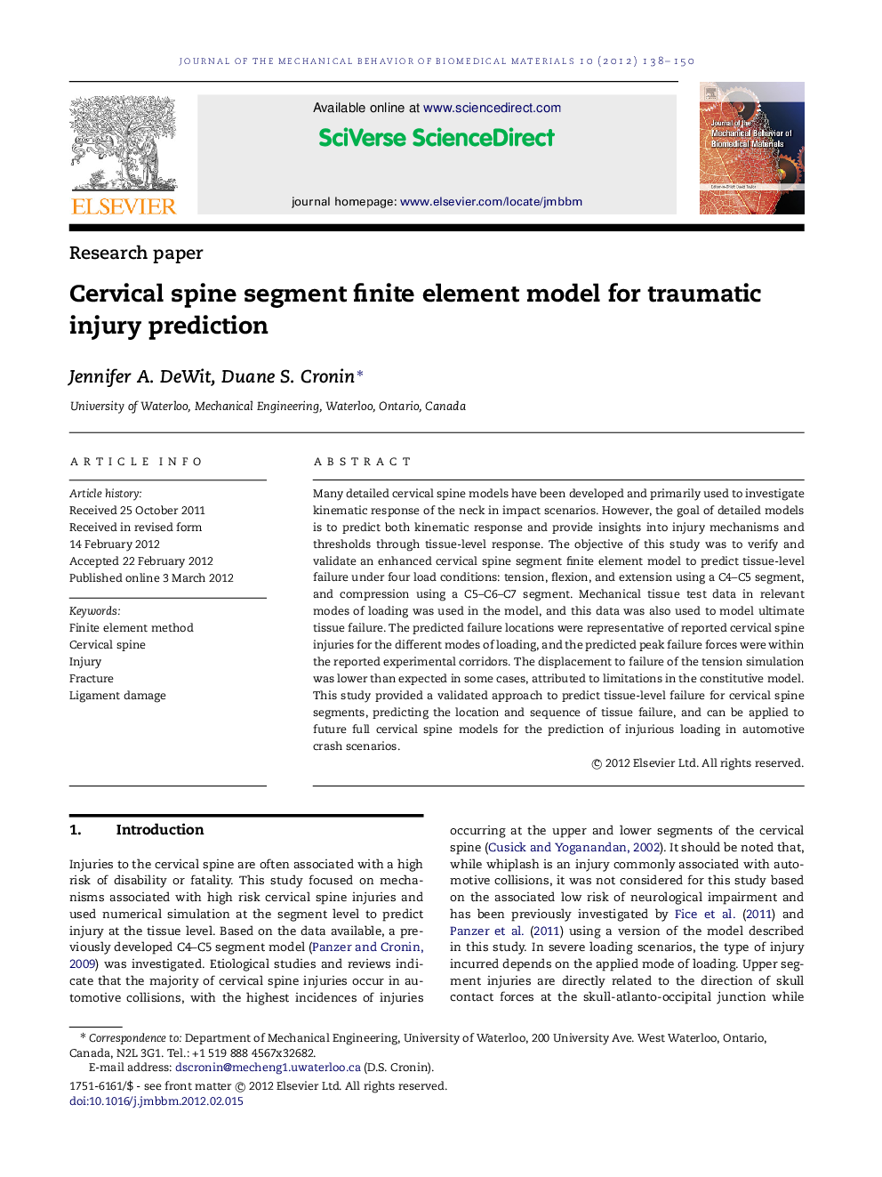 Cervical spine segment finite element model for traumatic injury prediction