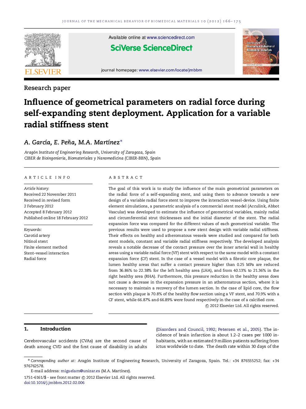 Influence of geometrical parameters on radial force during self-expanding stent deployment. Application for a variable radial stiffness stent