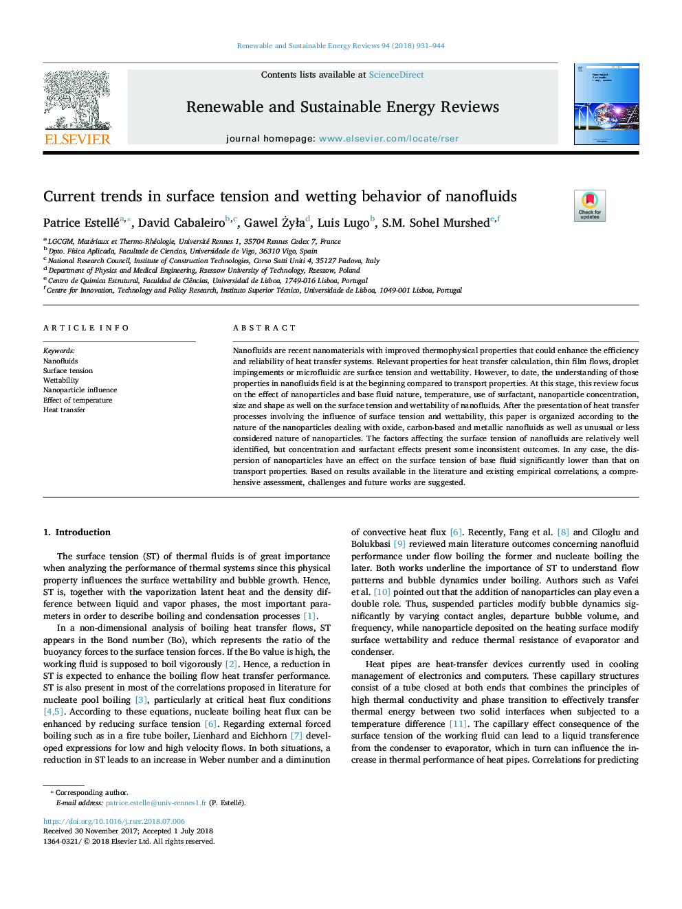 Current trends in surface tension and wetting behavior of nanofluids