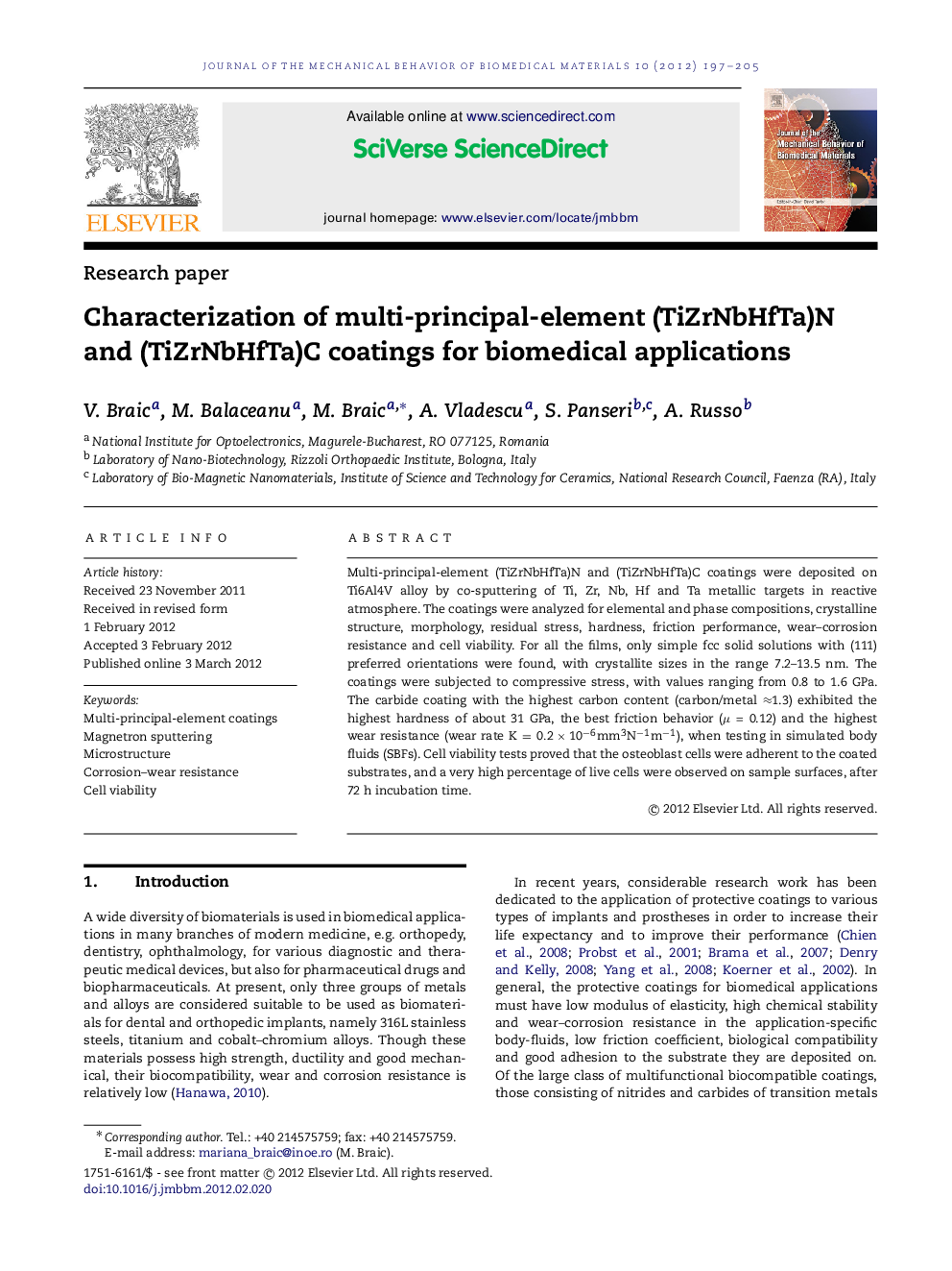 Characterization of multi-principal-element (TiZrNbHfTa)N and (TiZrNbHfTa)C coatings for biomedical applications