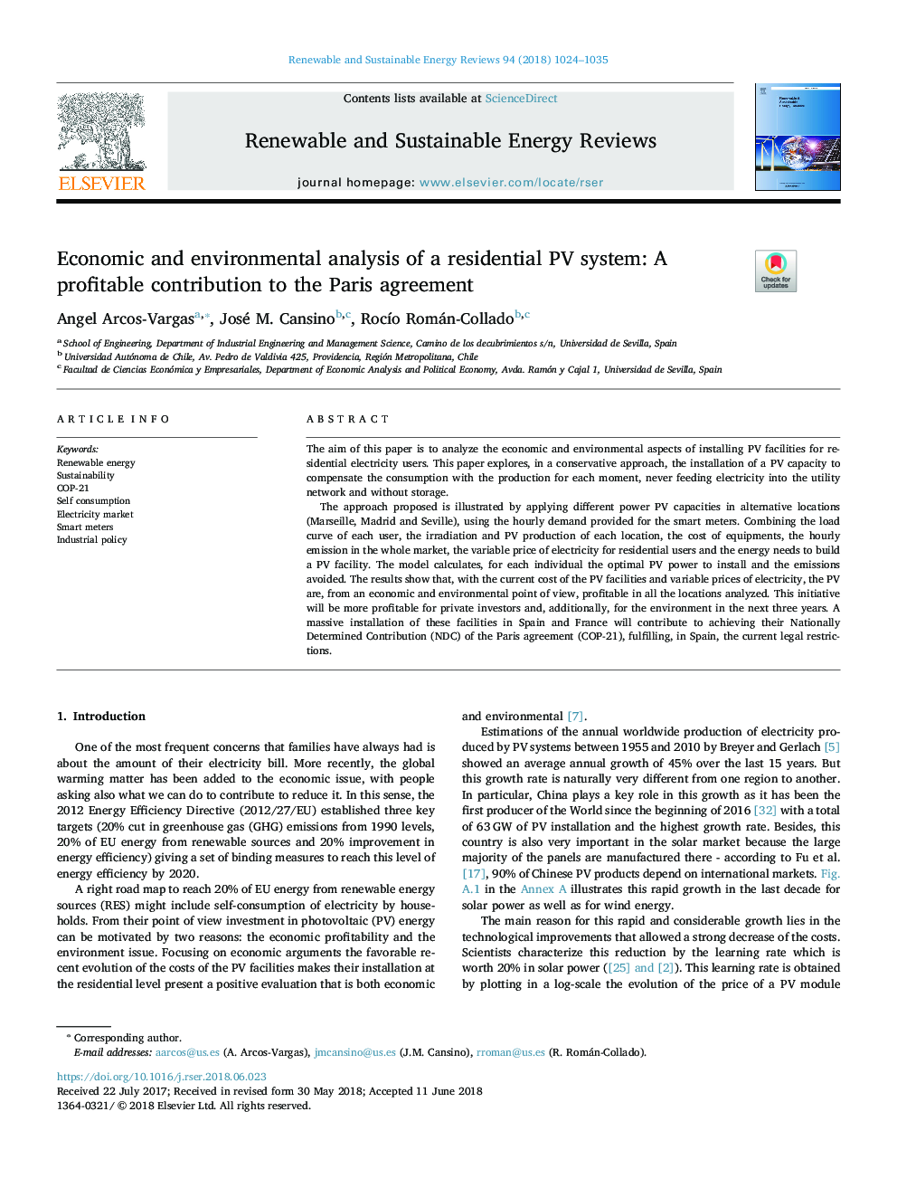 Economic and environmental analysis of a residential PV system: A profitable contribution to the Paris agreement