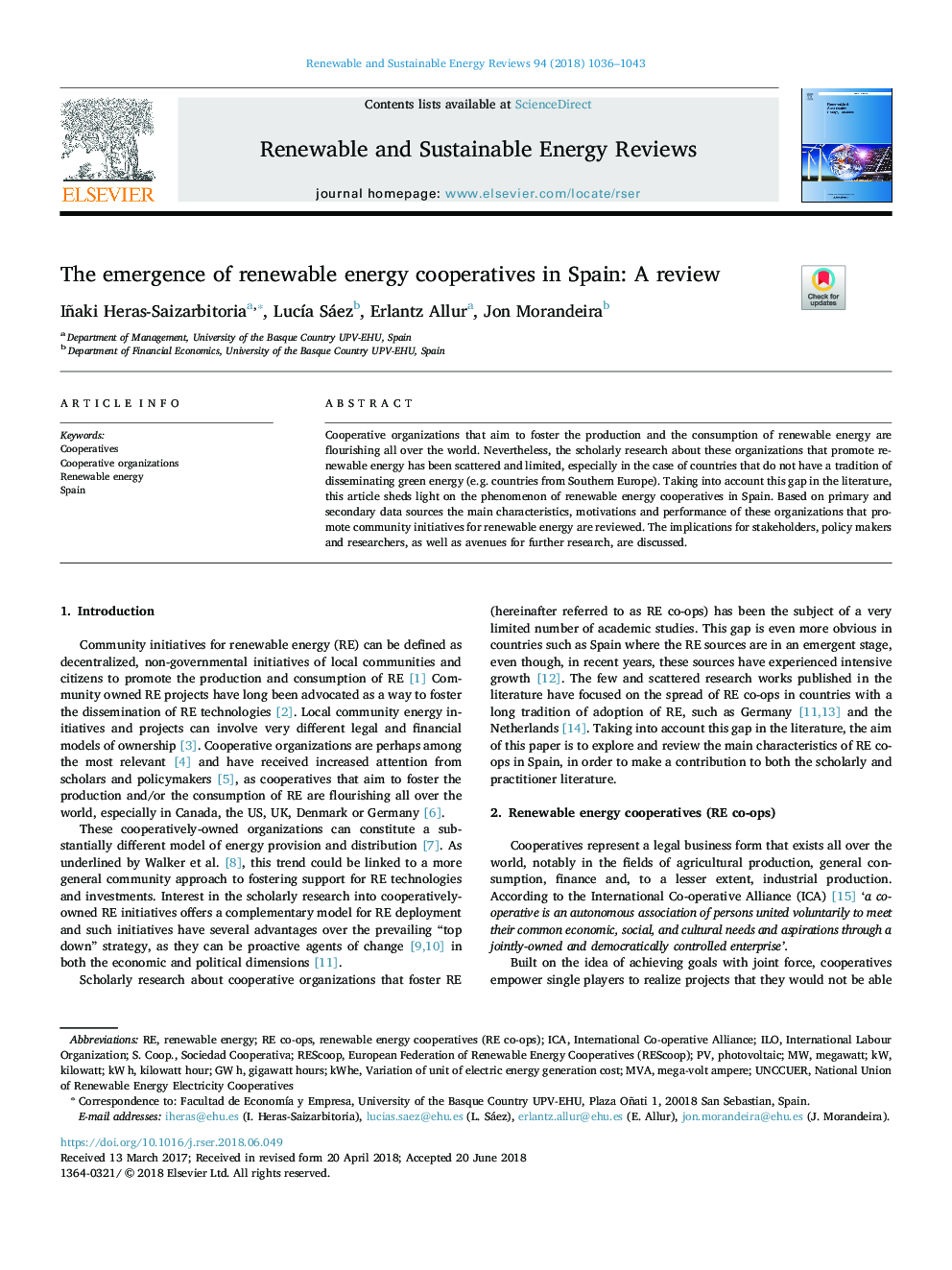 The emergence of renewable energy cooperatives in Spain: A review