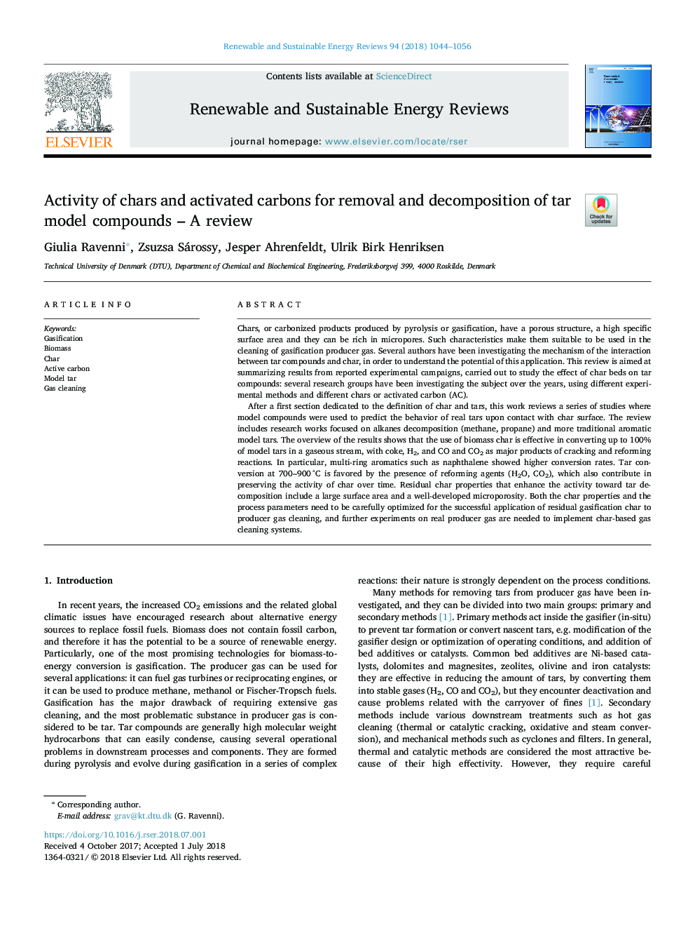 Activity of chars and activated carbons for removal and decomposition of tar model compounds - A review