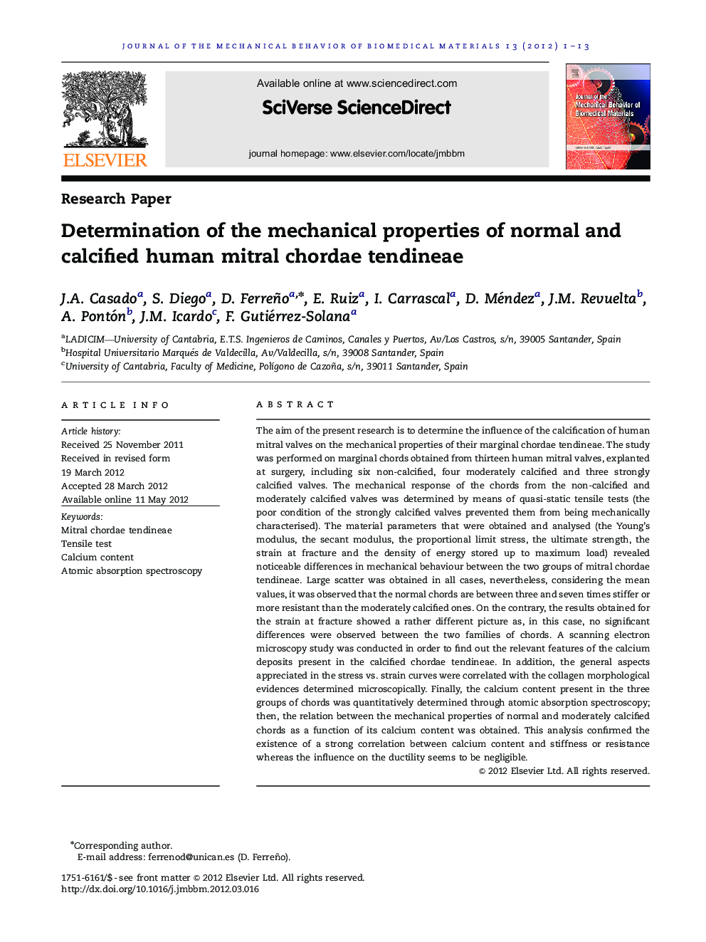 Determination of the mechanical properties of normal and calcified human mitral chordae tendineae