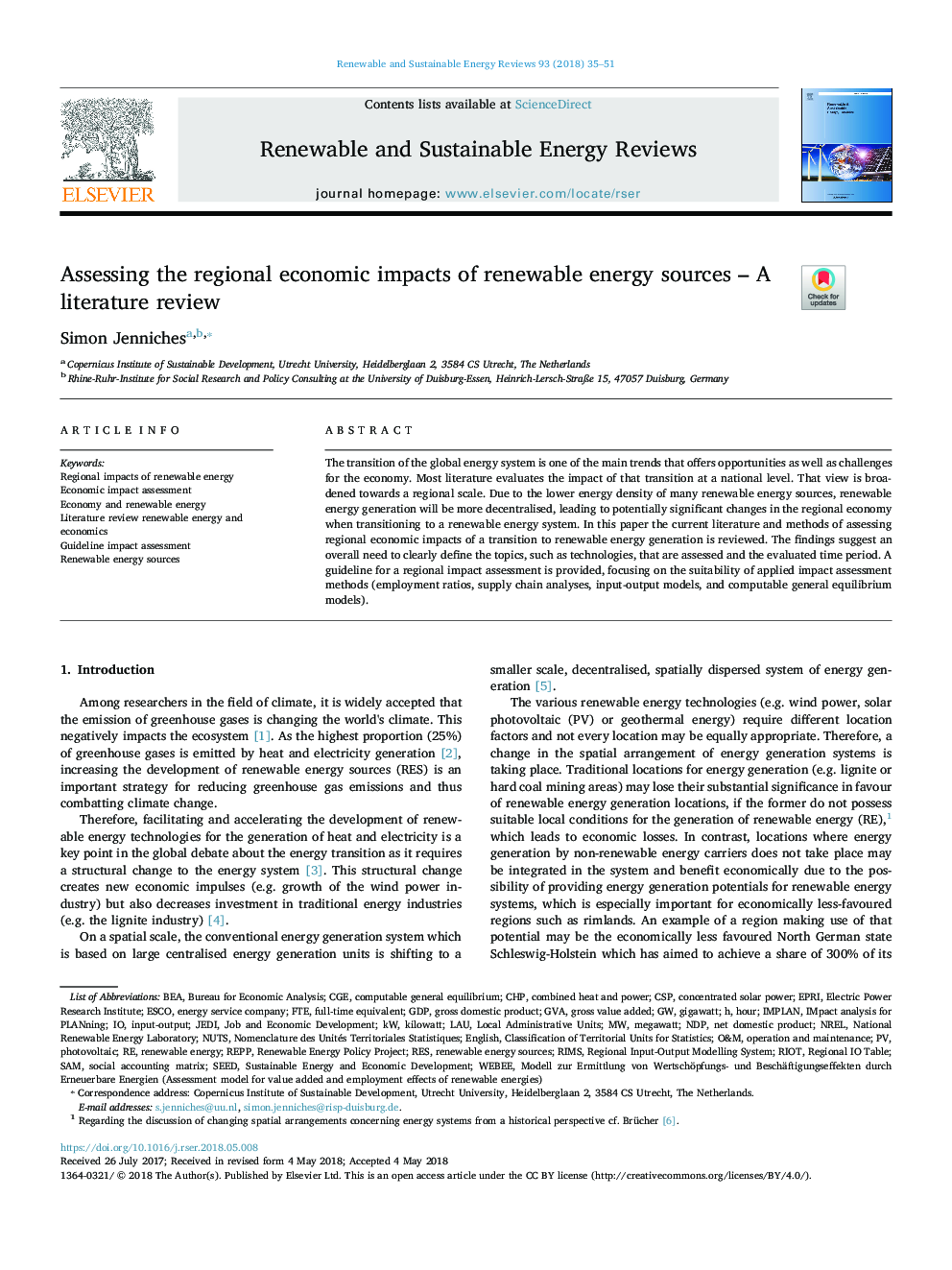 Assessing the regional economic impacts of renewable energy sources - A literature review